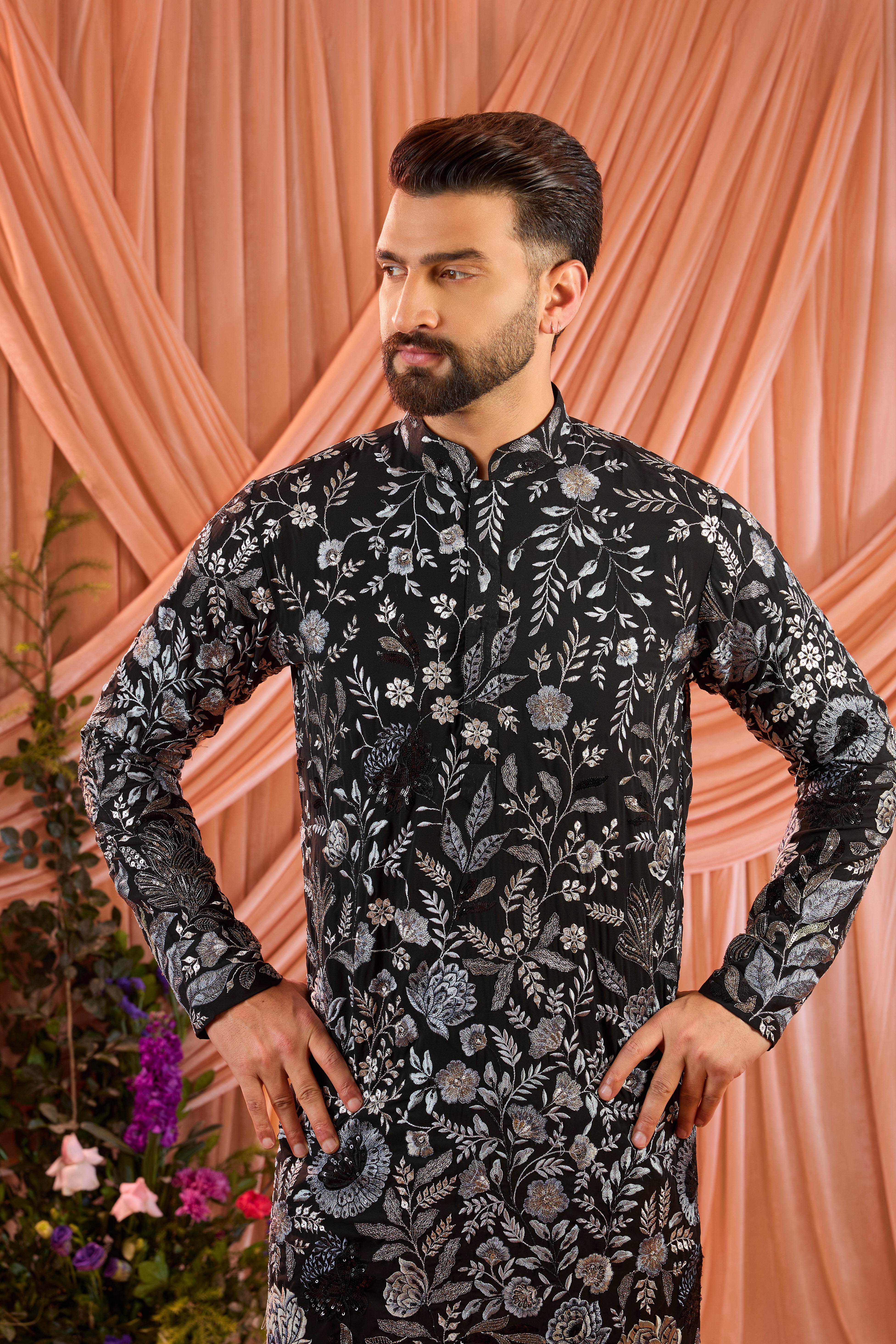 Black floral kurta with intricate multi thread work and sequin