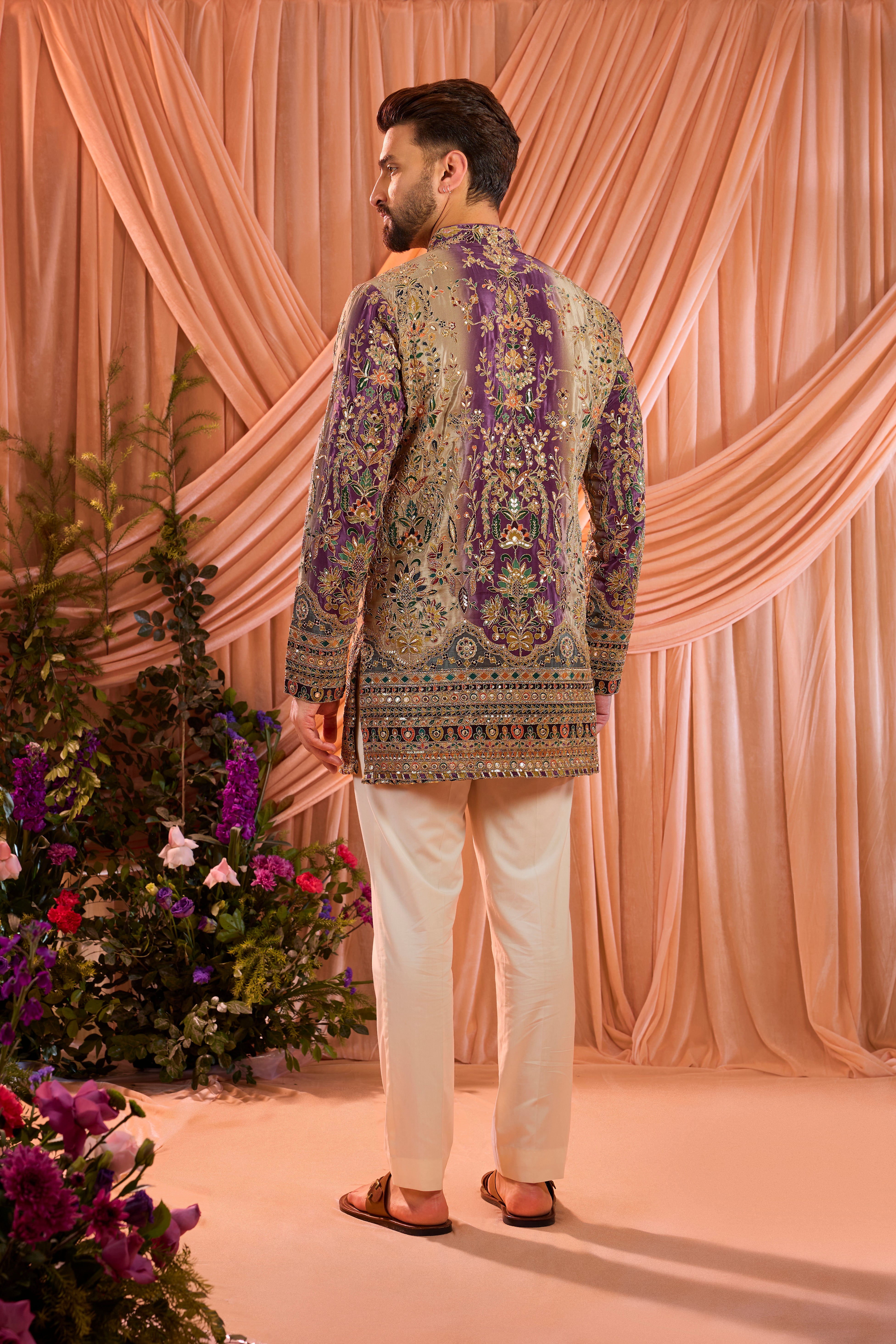 Purple and gold short kurta with detailed floral embroidery