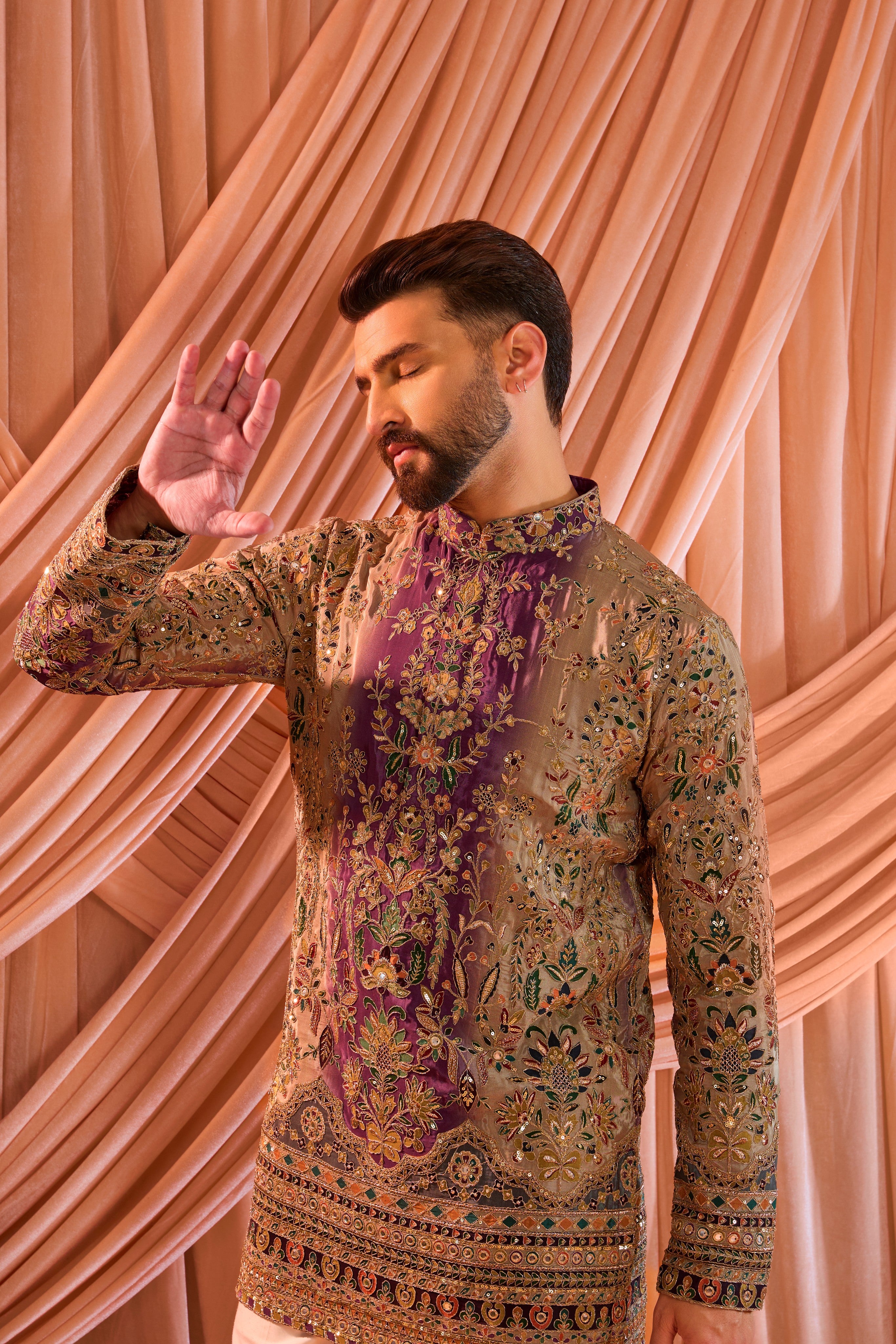 Purple and gold short kurta with detailed floral embroidery