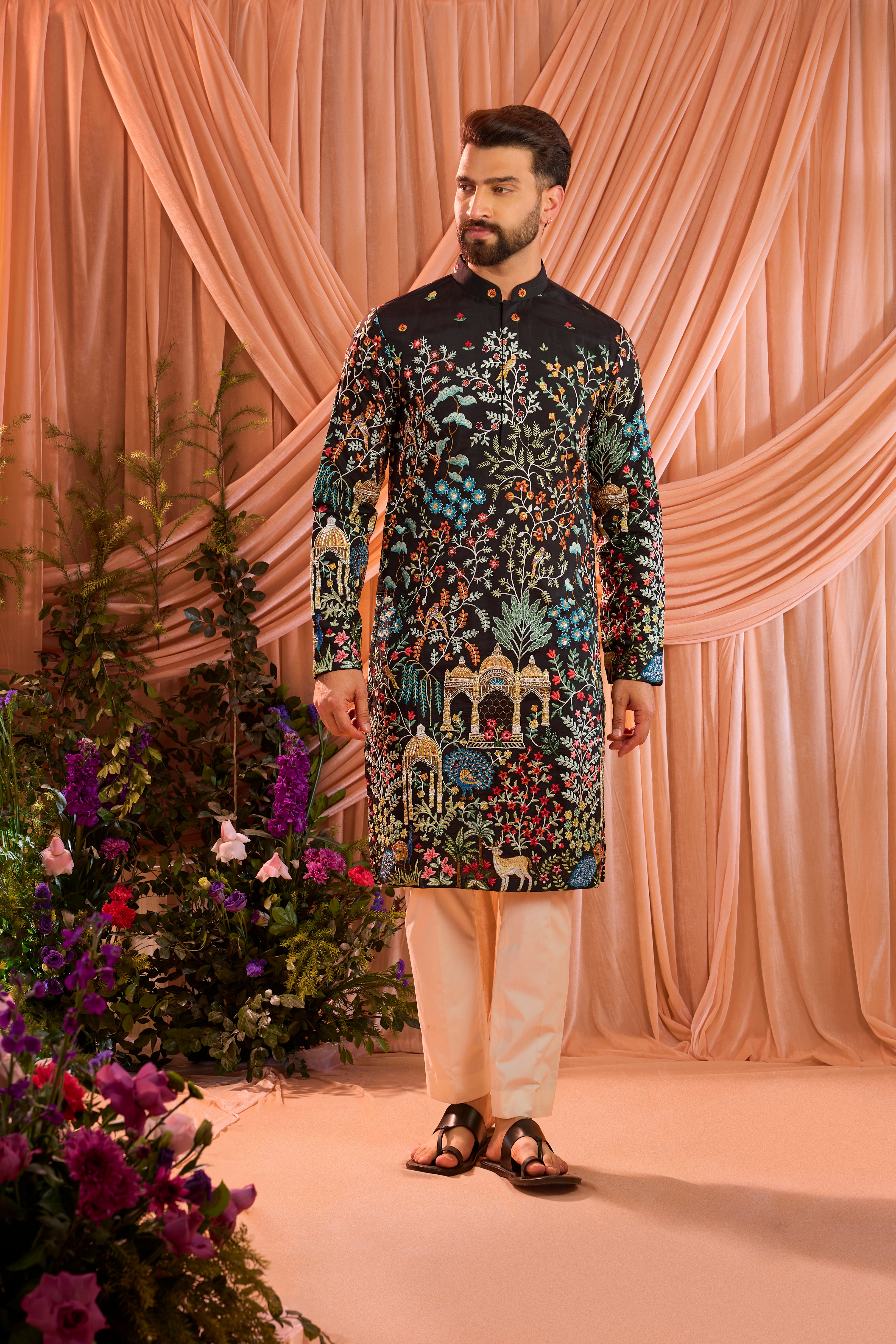 Black royal heritage long kurta with detailed mughal darbars and floral embroidery