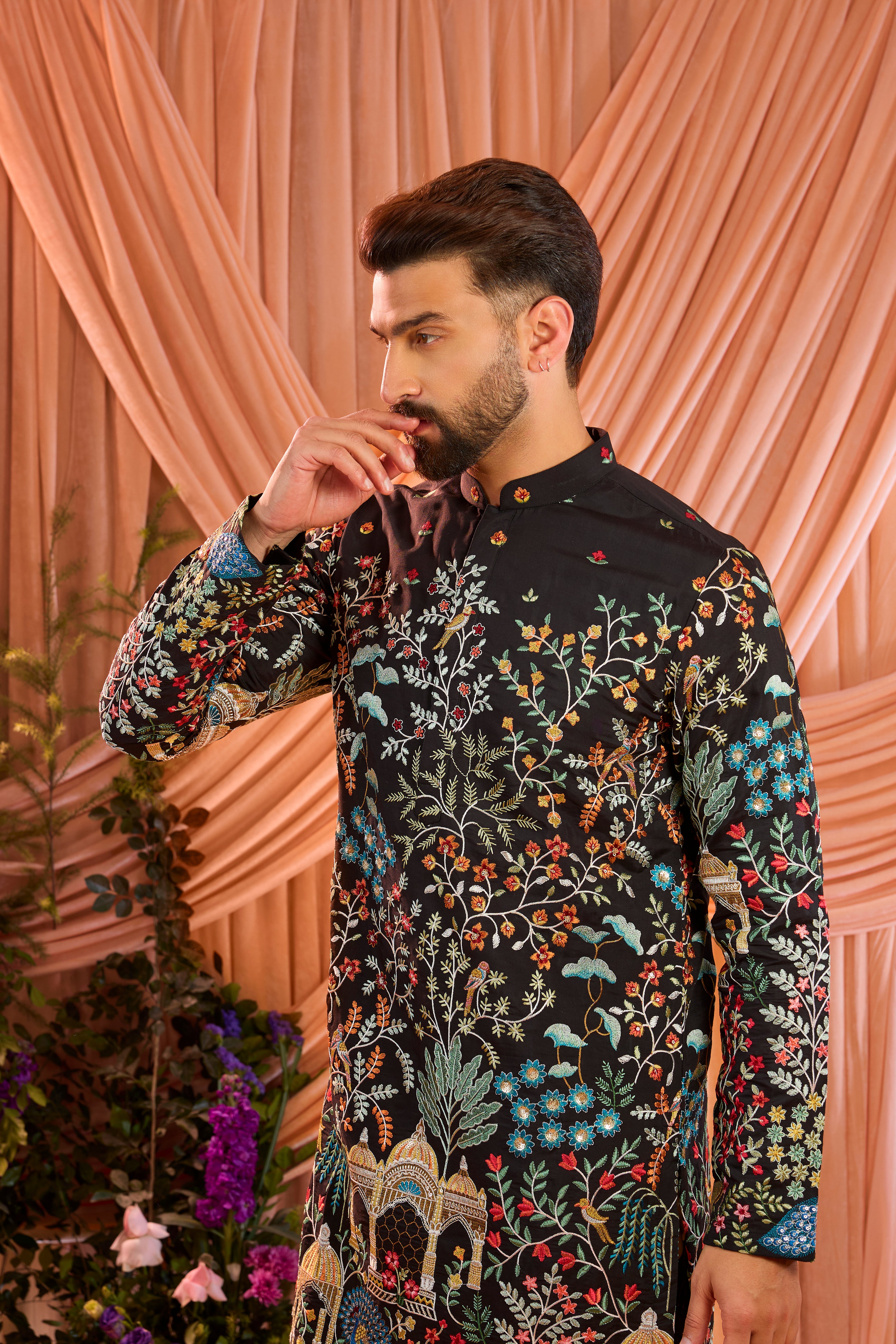 Black royal heritage long kurta with detailed mughal darbars and floral embroidery