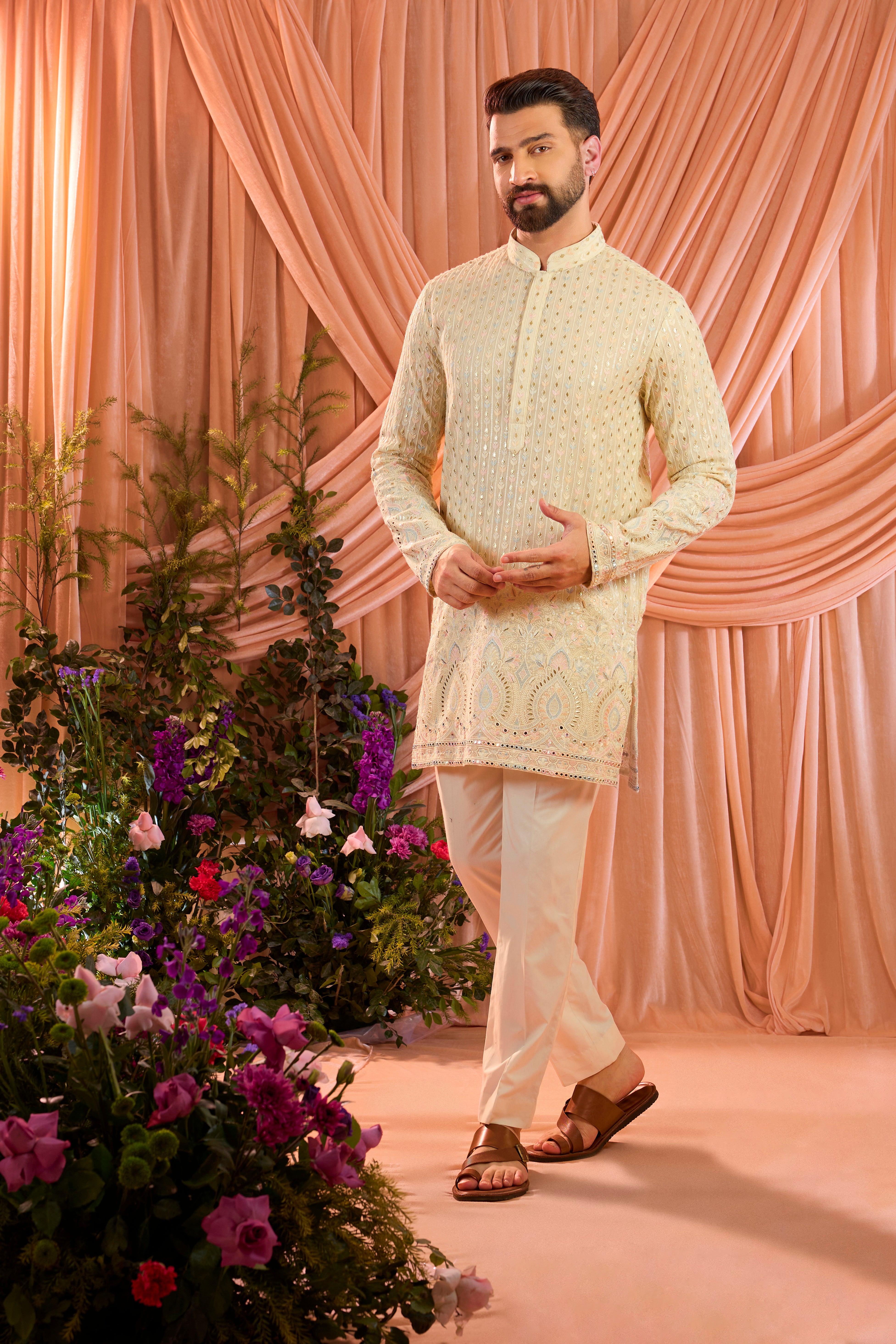Cream short multi thread work kurta