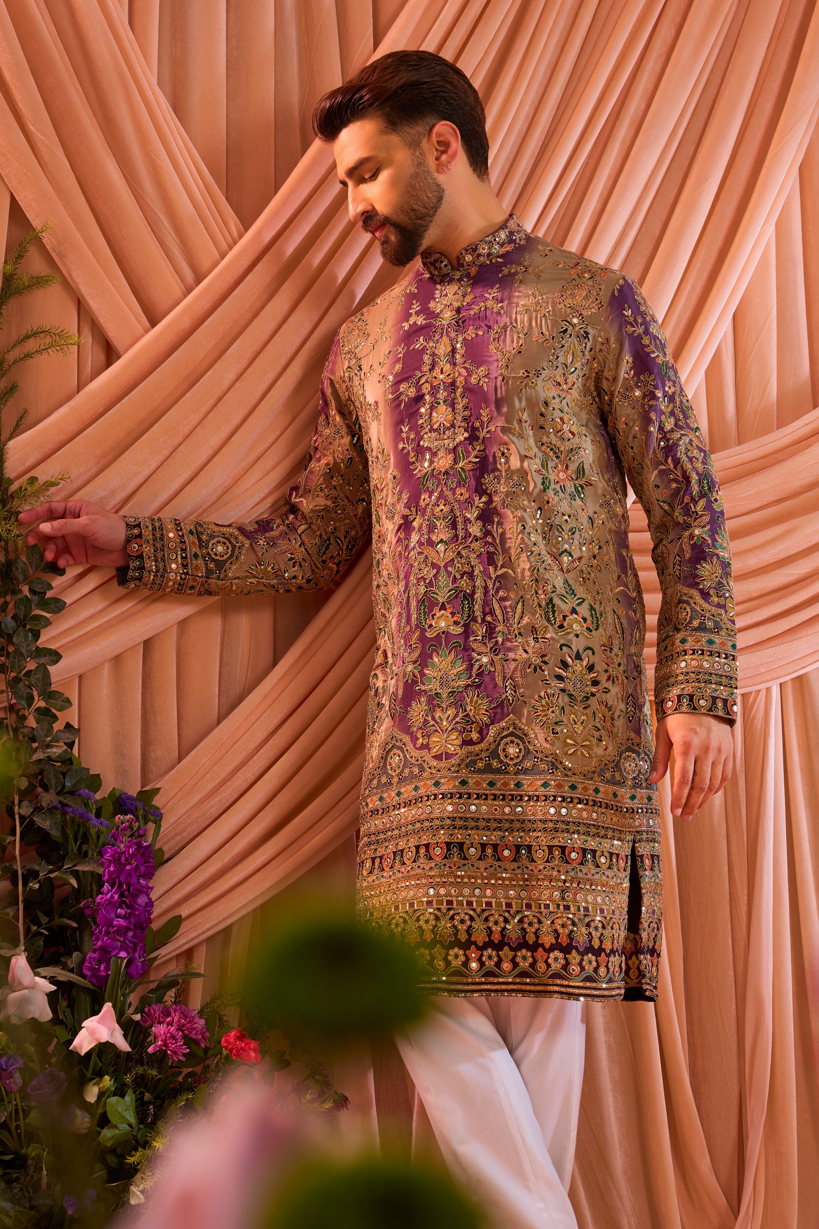 Purple and gold kurta with detailed floral embroidery and zari