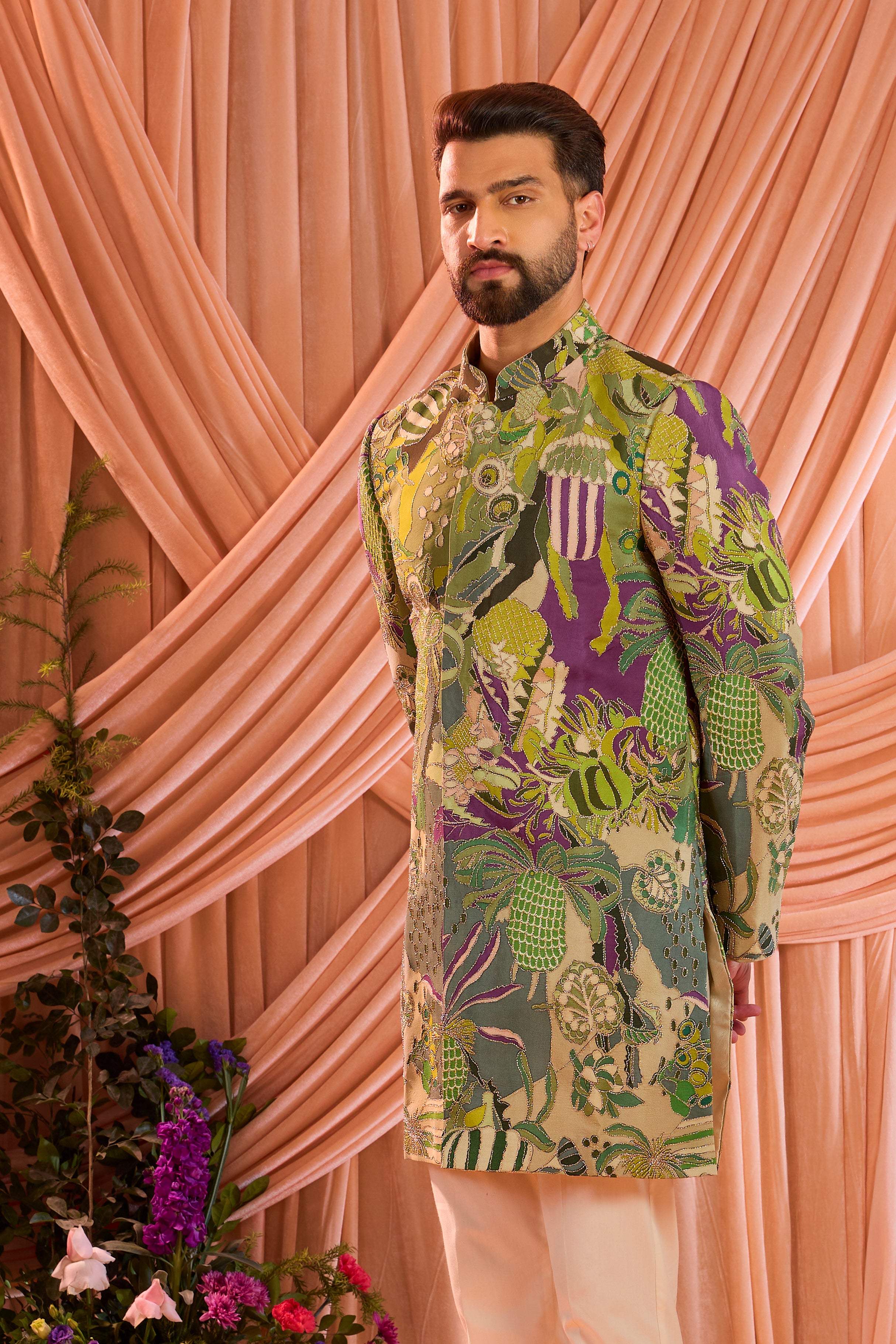 Green and purple short abstract indowestern