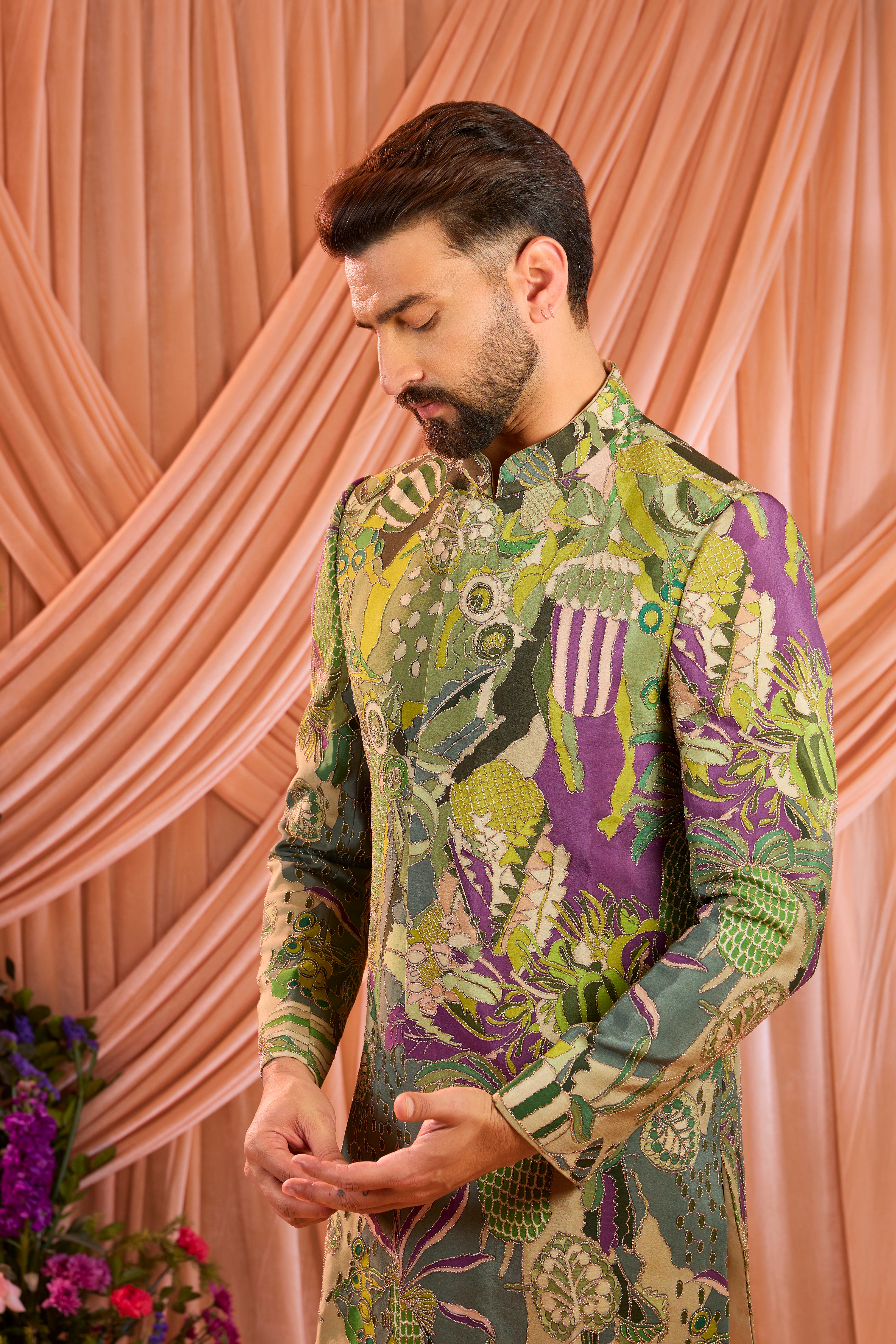 Green and purple short abstract indowestern