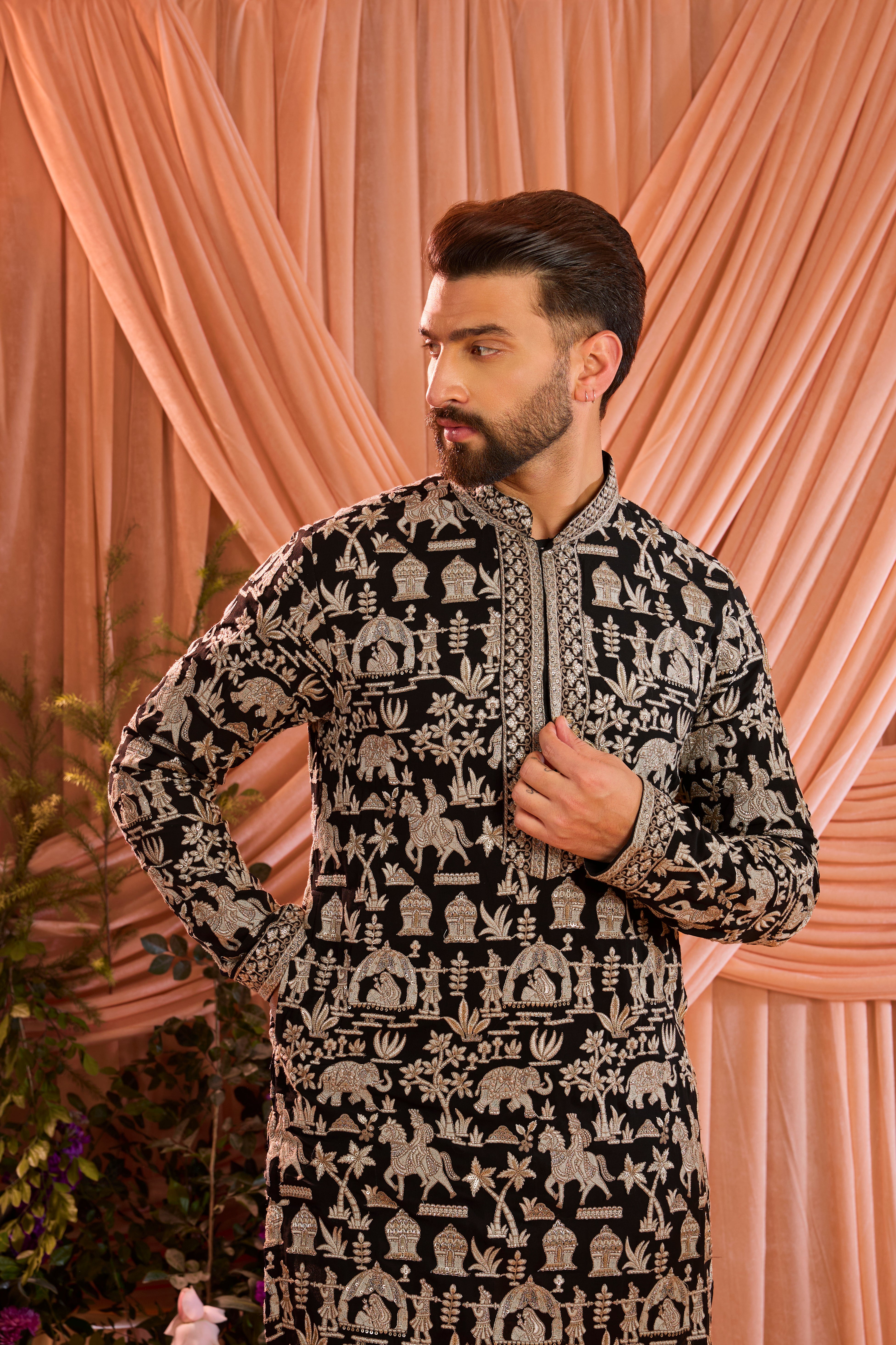 Black zari kurta with detailed mughal era embroidery and heavy zari work
