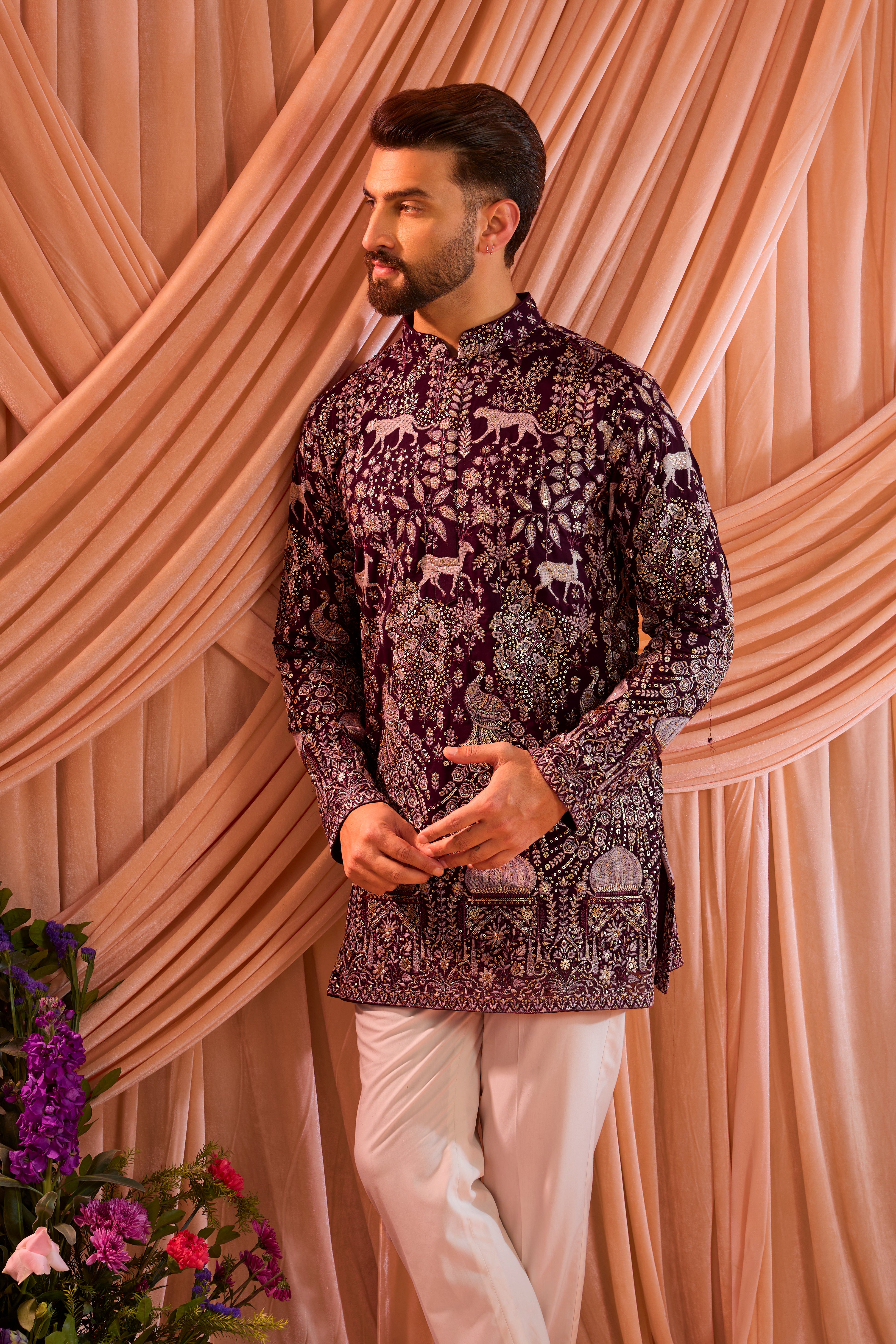 Wine royal heritage short kurta with detailed flora and fauna motifs , darbars , sequins and zari