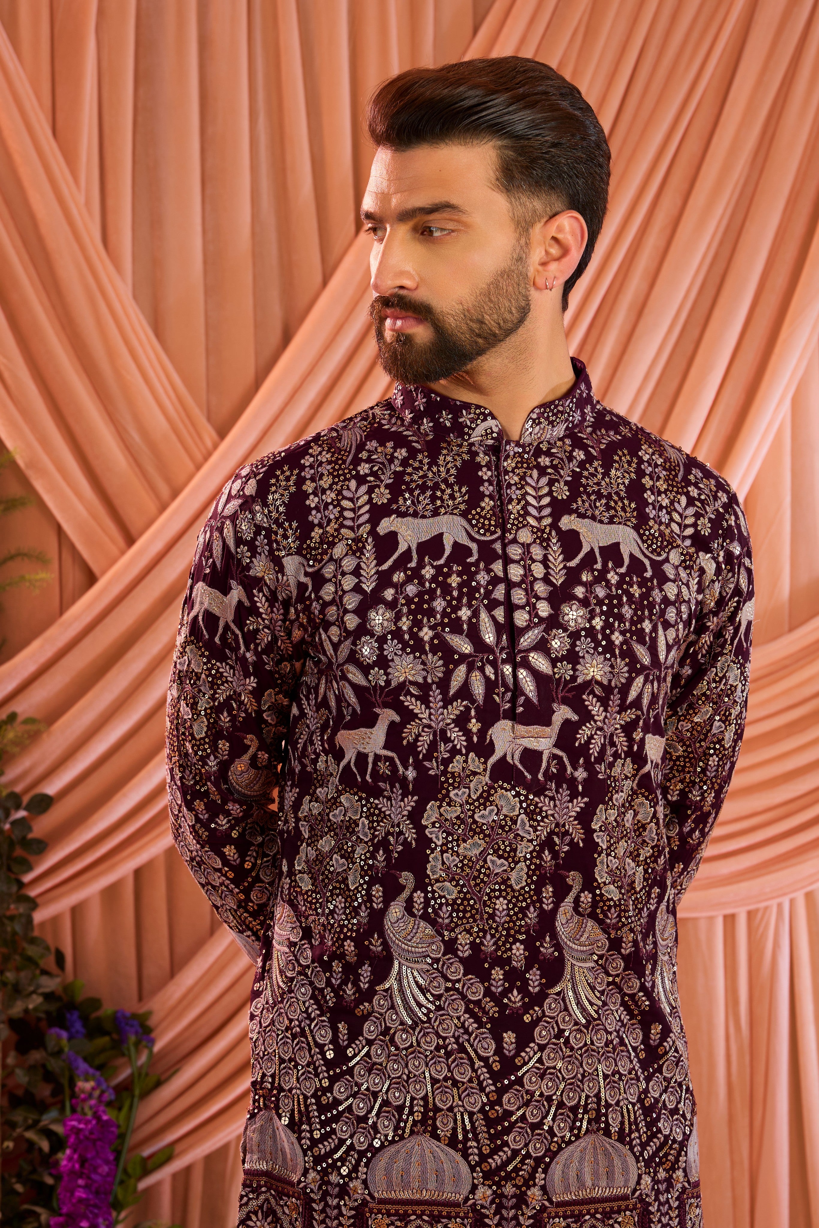 Wine royal heritage short kurta with detailed flora and fauna motifs , darbars , sequins and zari