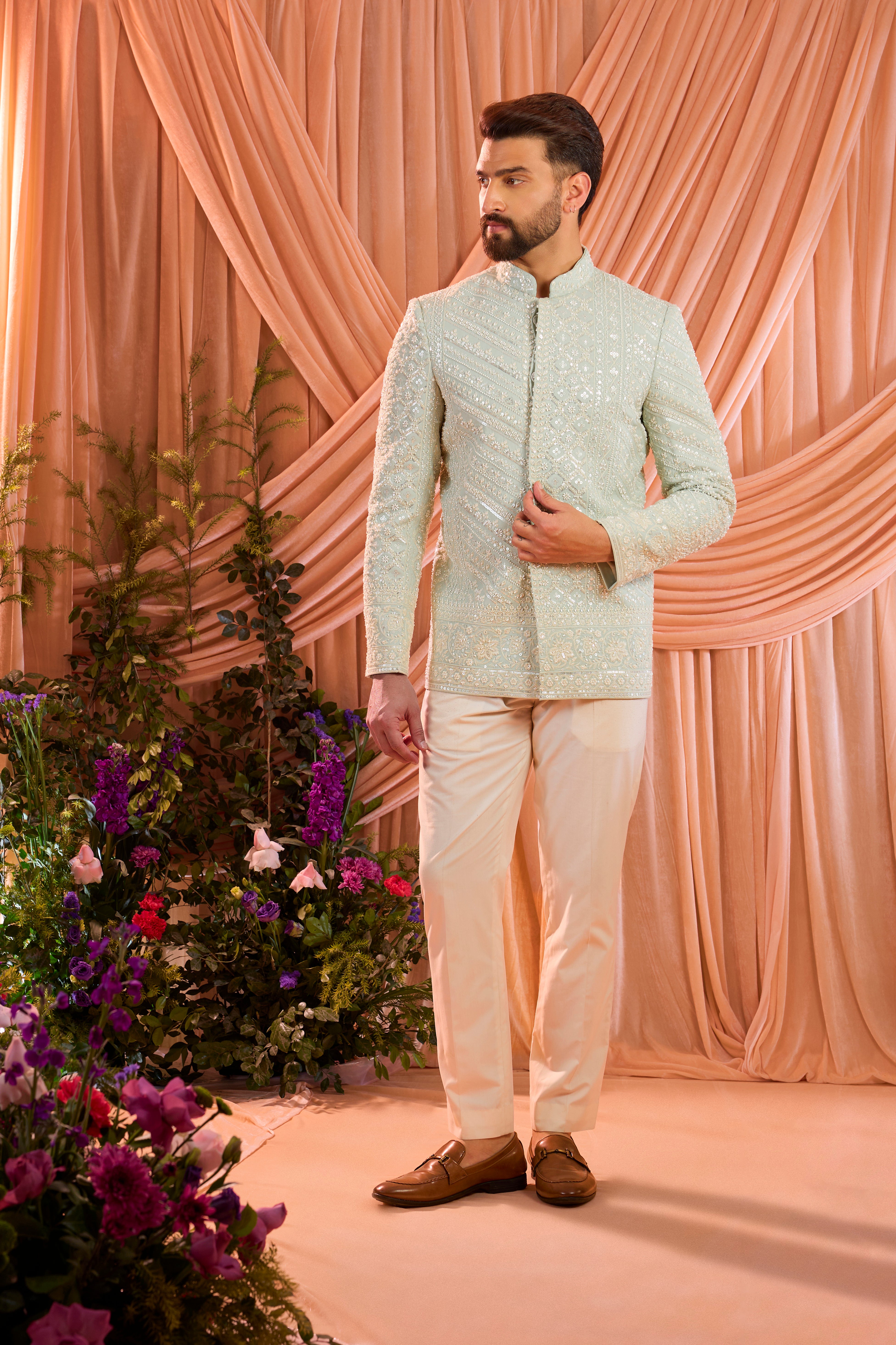 Aqua blue hand embroidered formal short bandgala jacket with detailed ivory cut dana