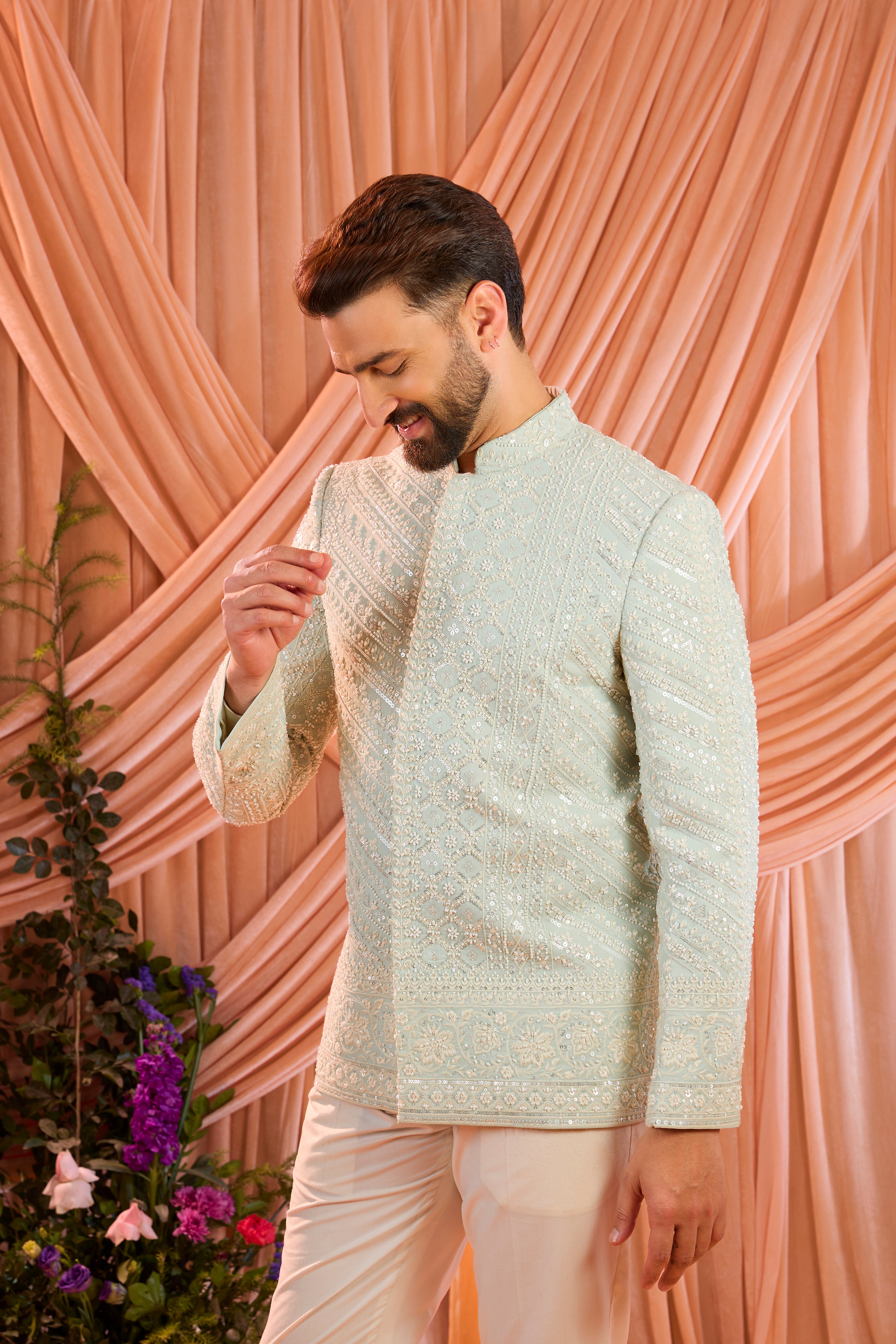 Aqua blue hand embroidered formal short bandgala jacket with detailed ivory cut dana