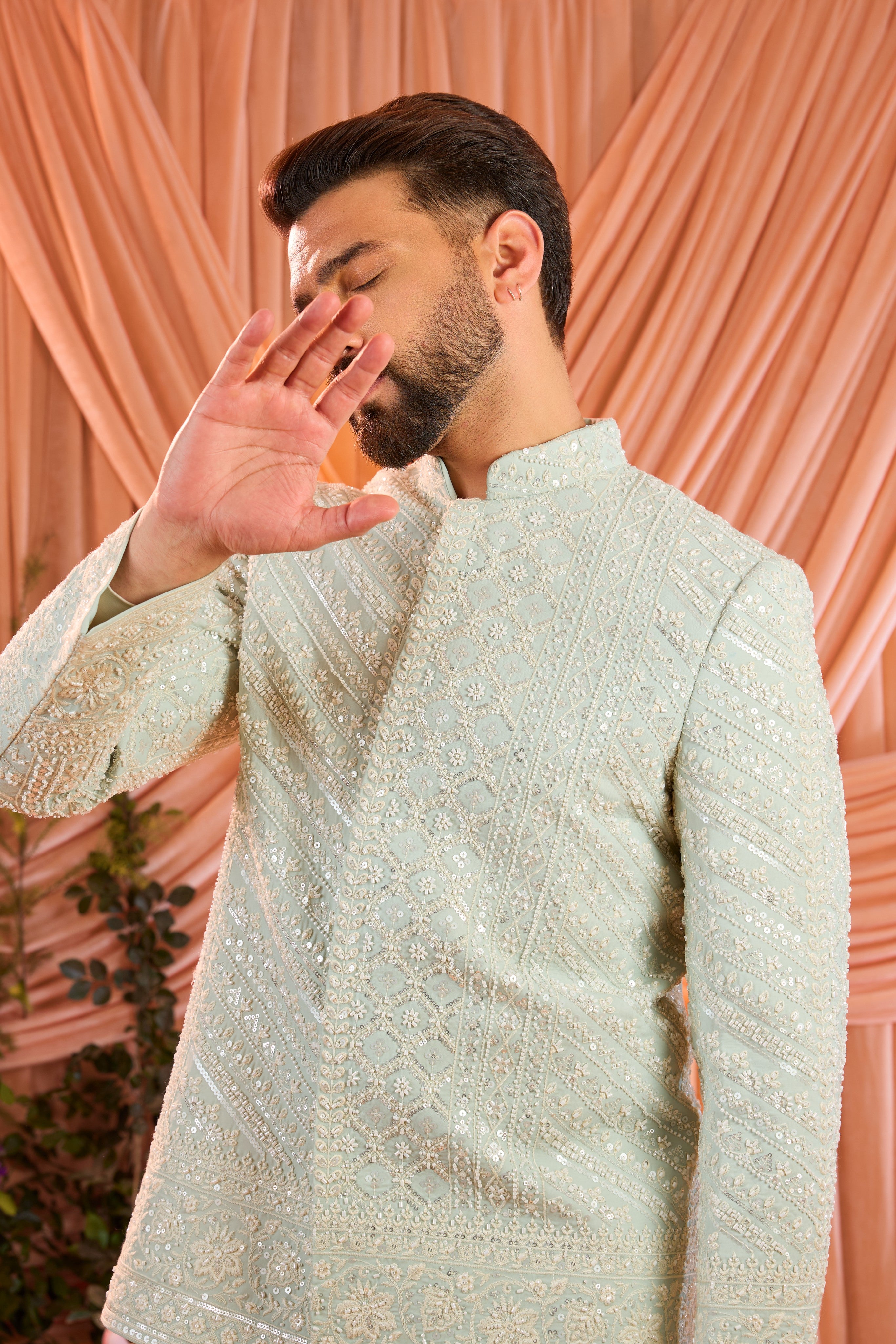 Aqua blue hand embroidered formal short bandgala jacket with detailed ivory cut dana