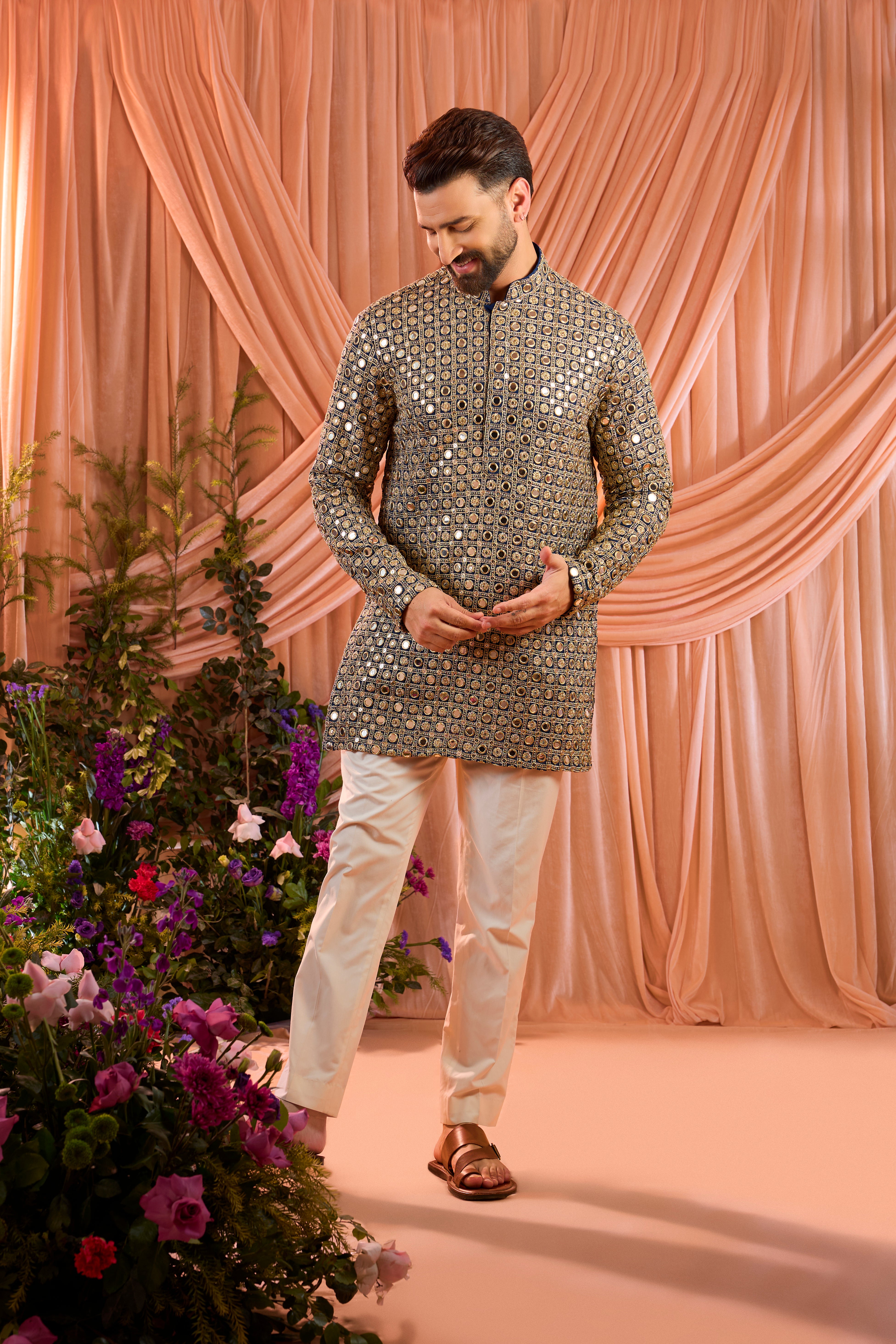 Blue short mirror work kurta with detailedd zari work