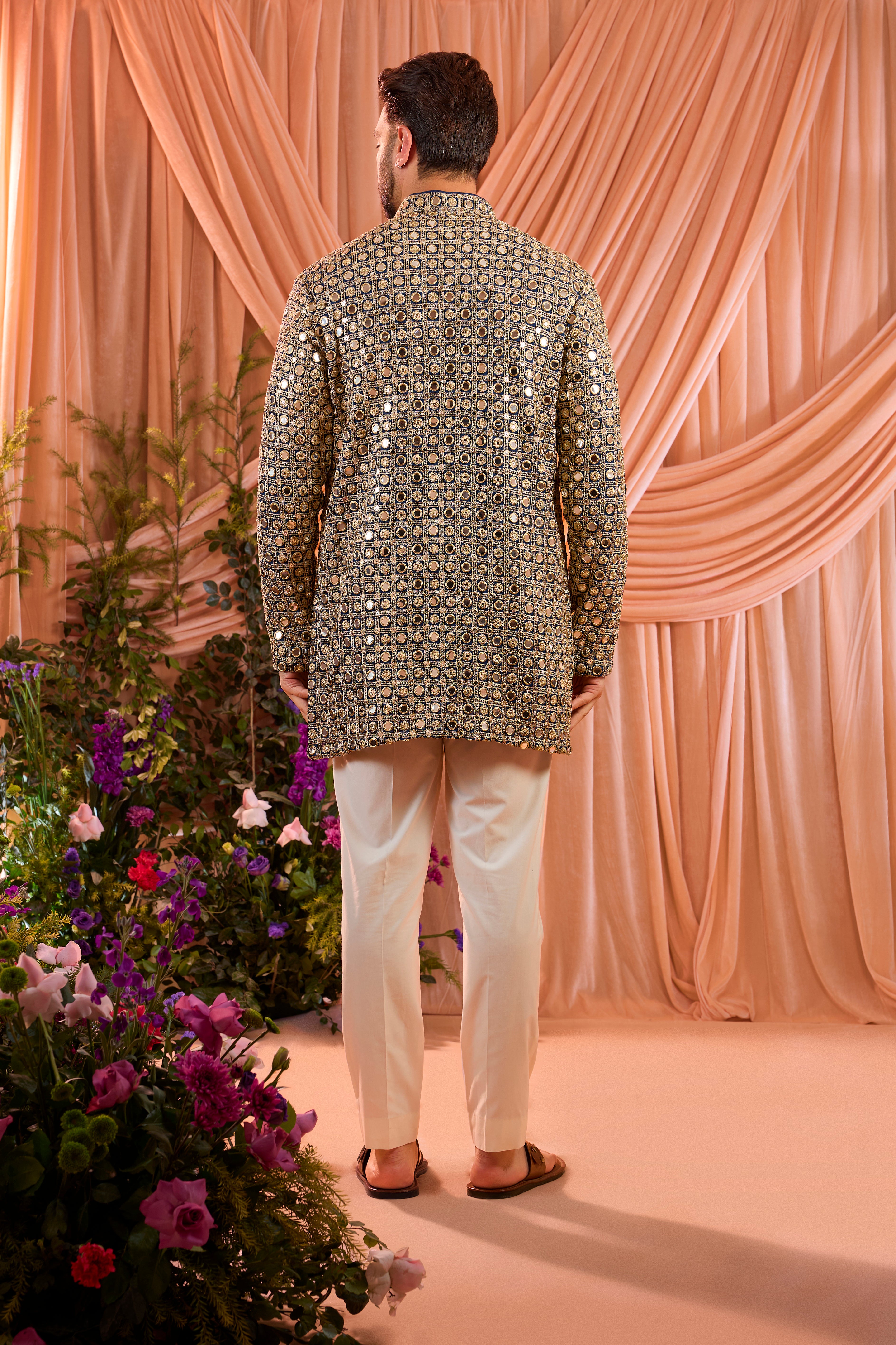 Blue short mirror work kurta with detailedd zari work