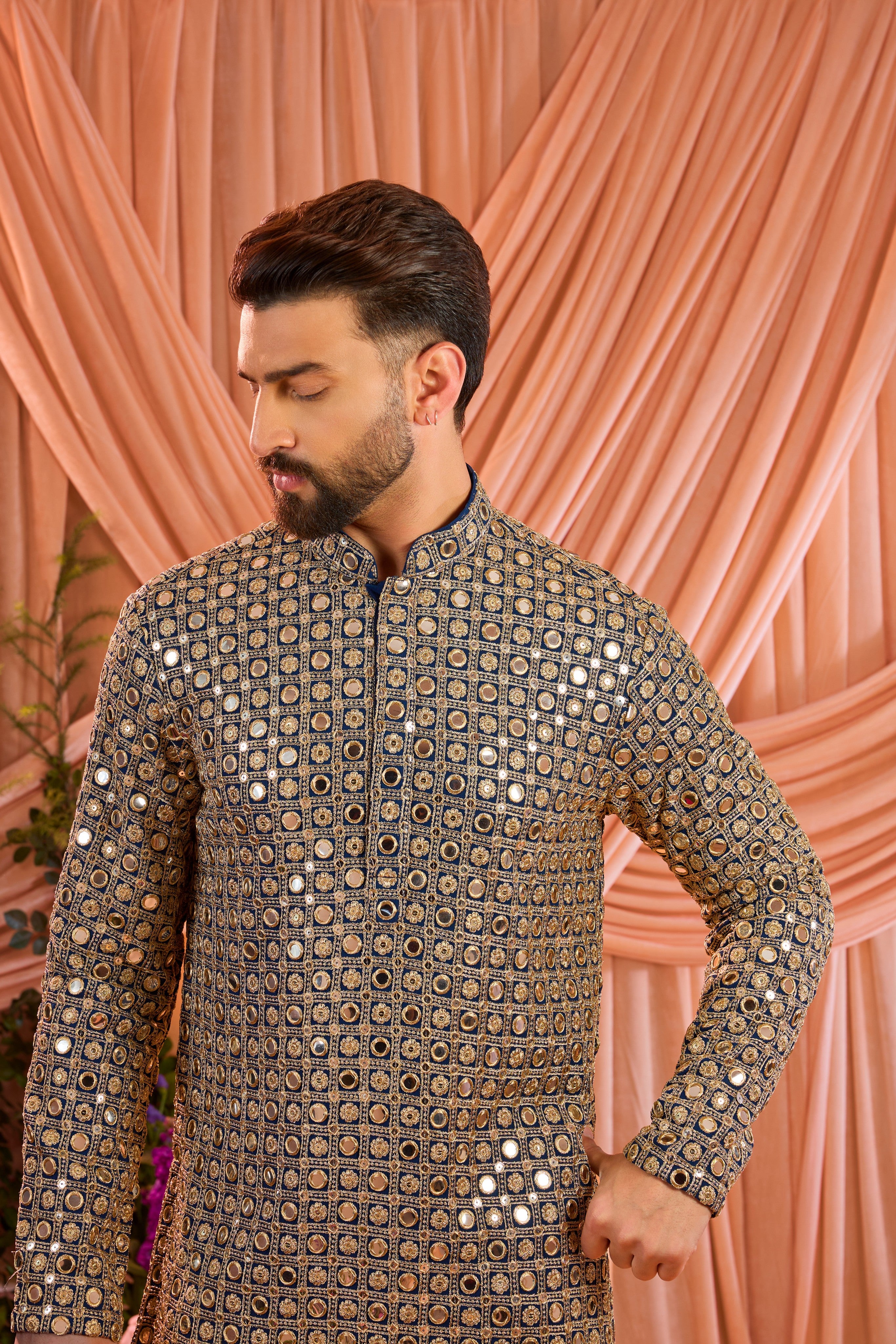 Blue short mirror work kurta with detailedd zari work
