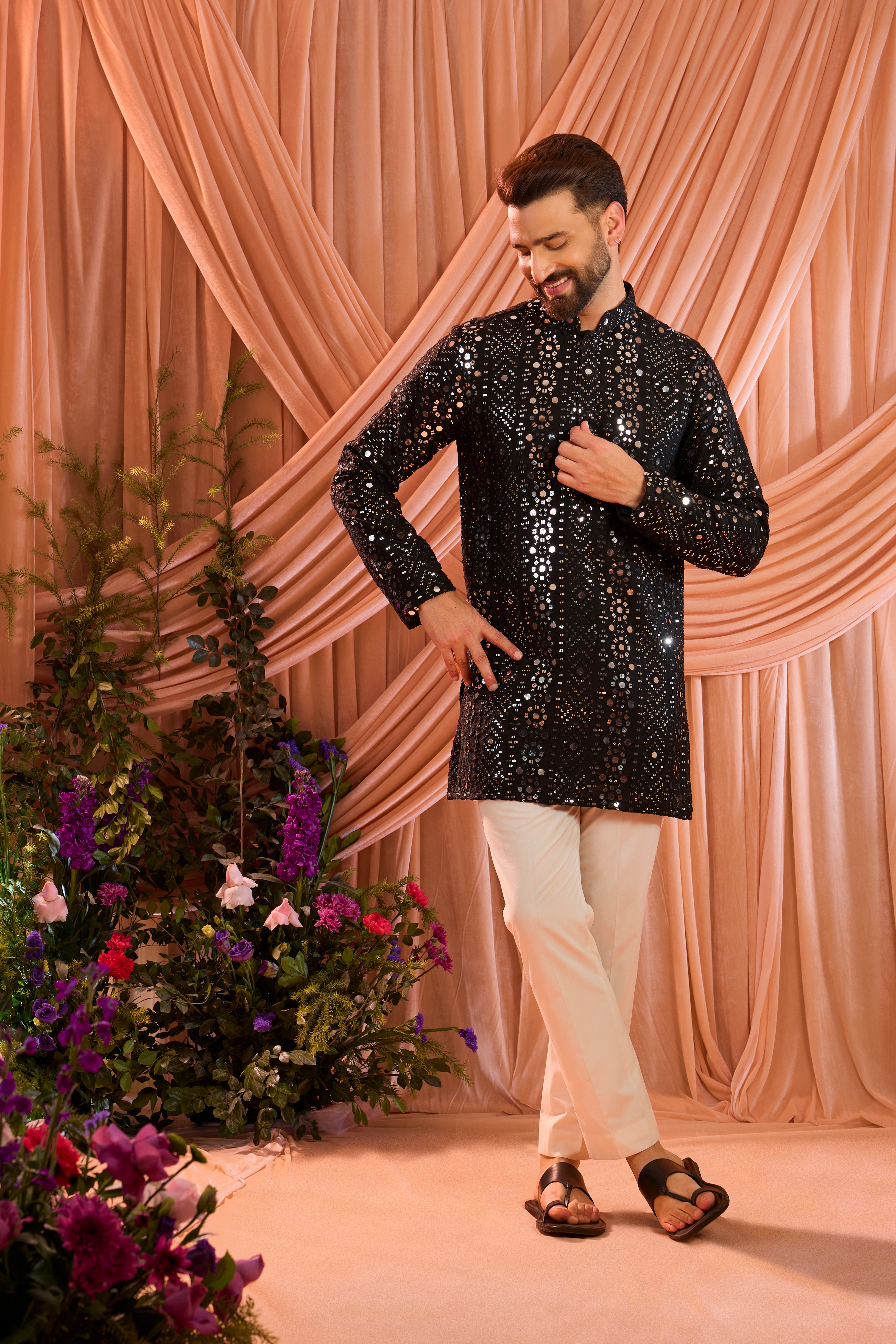 Signature black short mirror work kurta