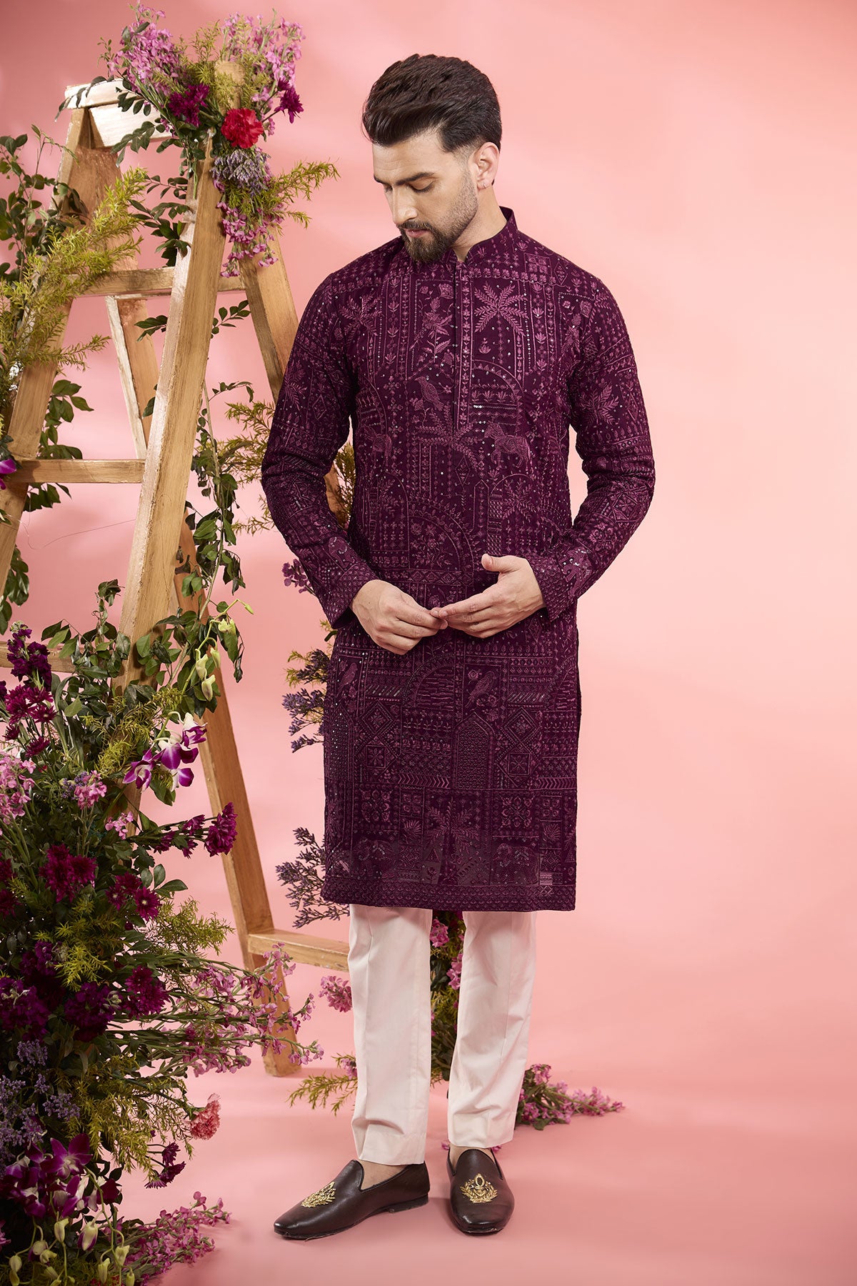 Wine Georgette Flora & Fauna Embroidered Kurta