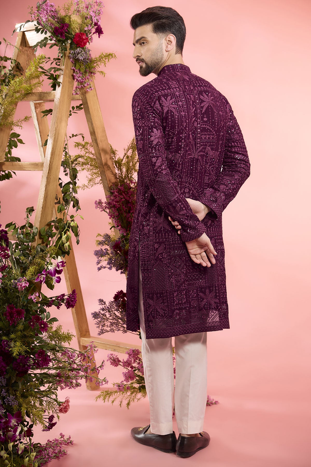 Wine Georgette Flora & Fauna Embroidered Kurta