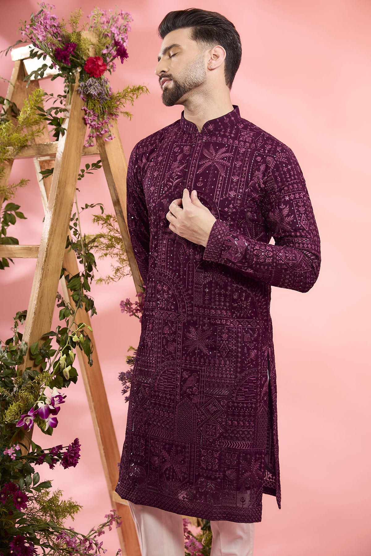 Wine Georgette Flora & Fauna Embroidered Kurta