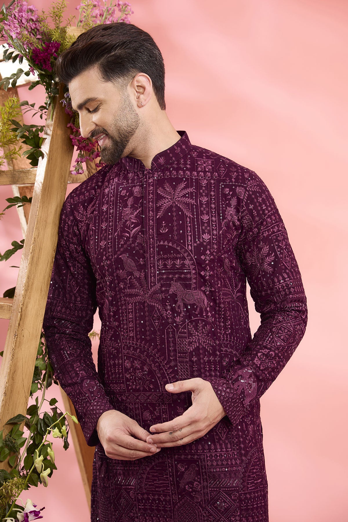 Wine Georgette Flora & Fauna Embroidered Kurta