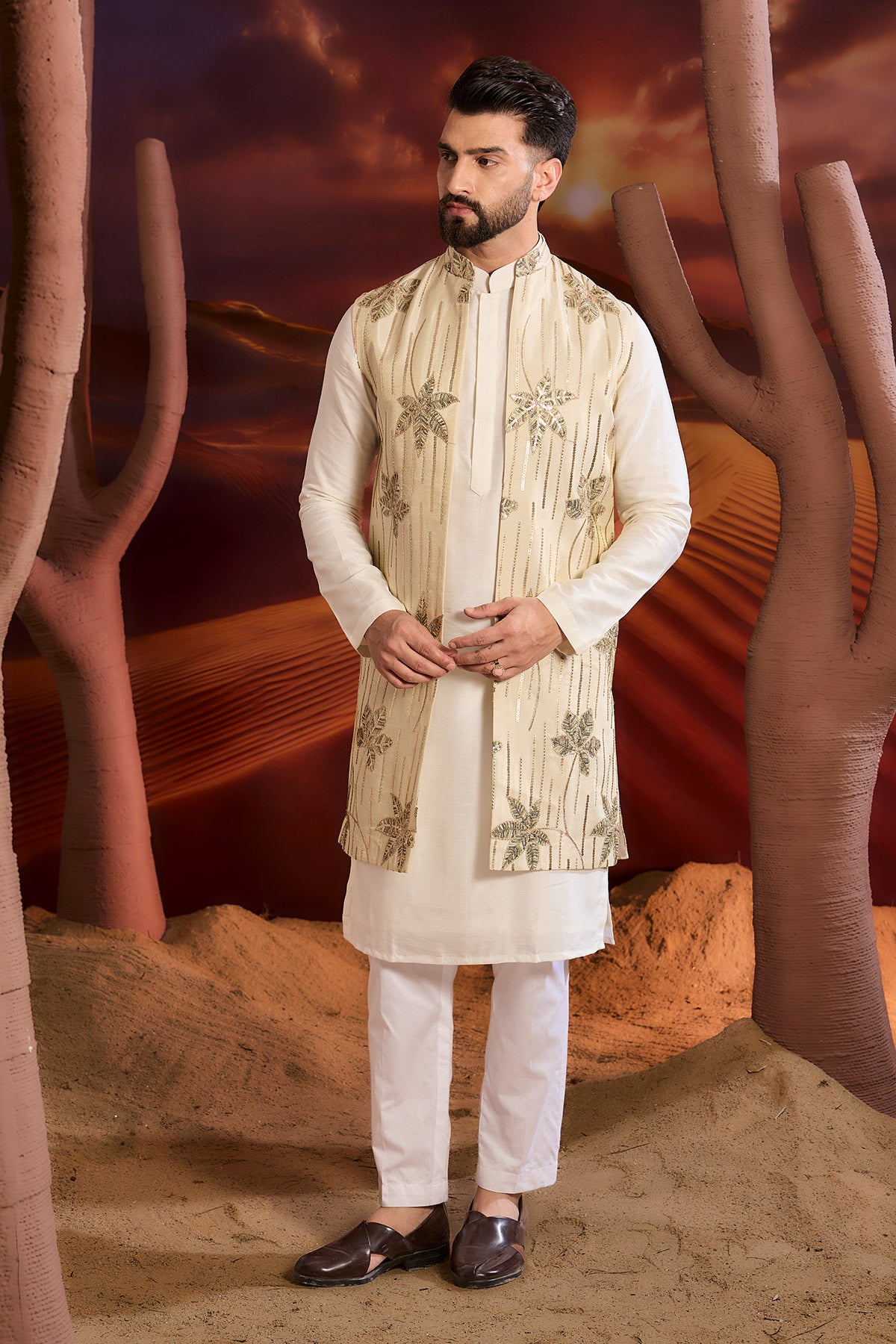 Golden Long Open Shrug With Floral Embrodiery