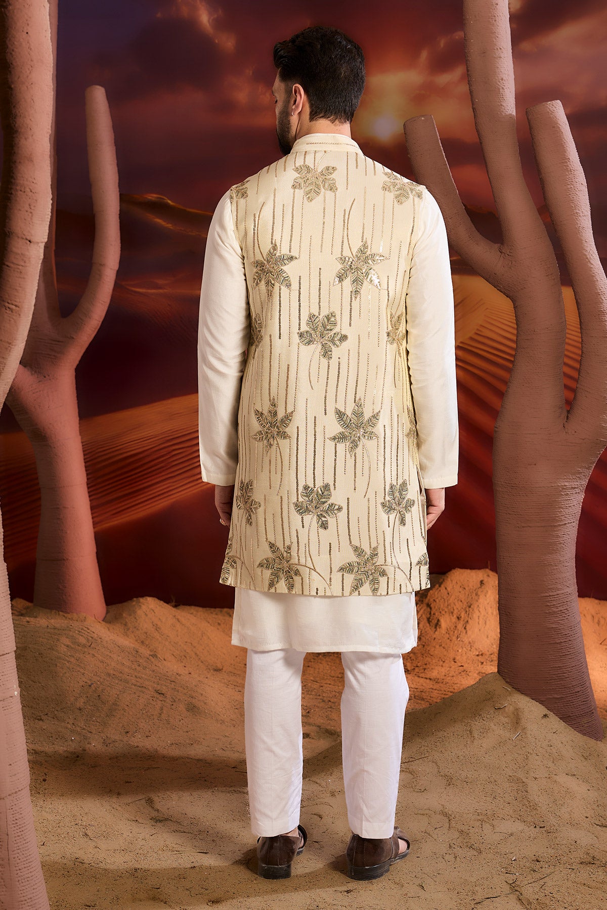 Golden Long Open Shrug With Floral Embrodiery