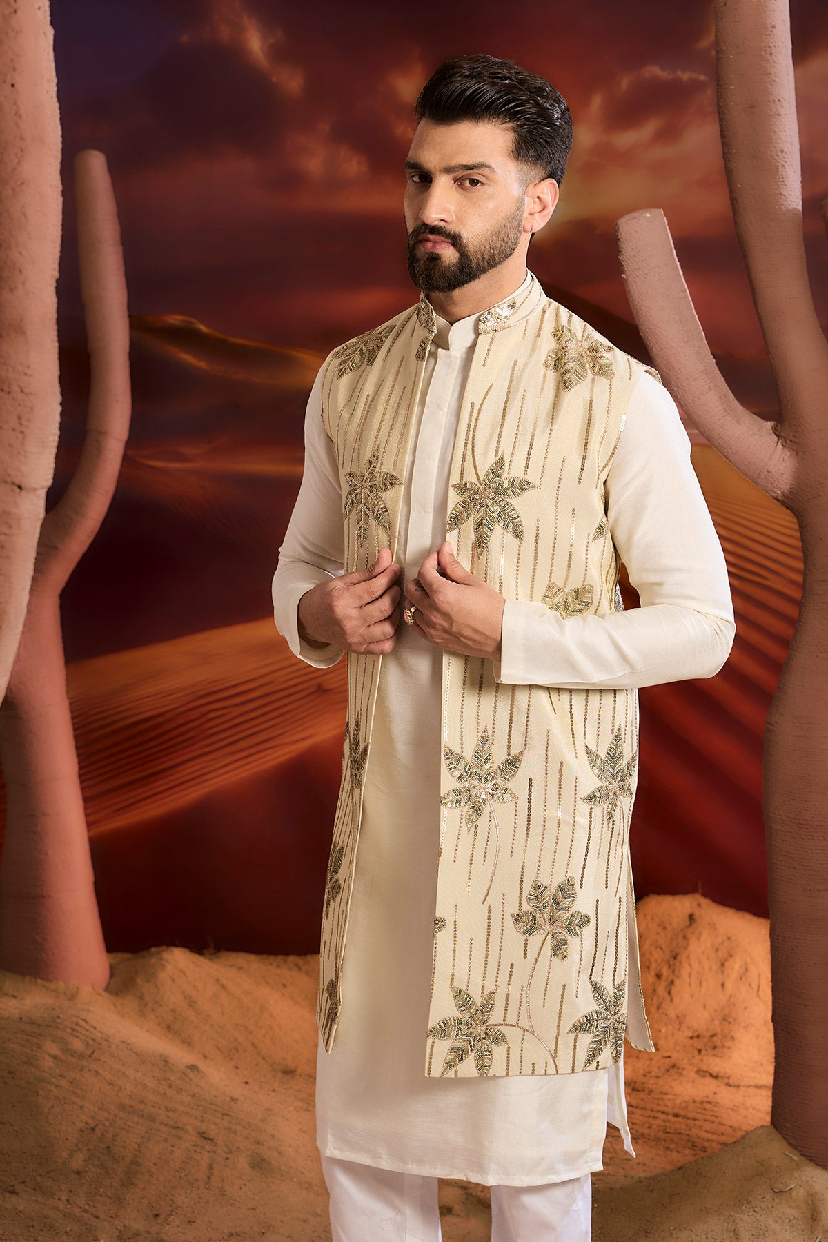 Golden Long Open Shrug With Floral Embrodiery