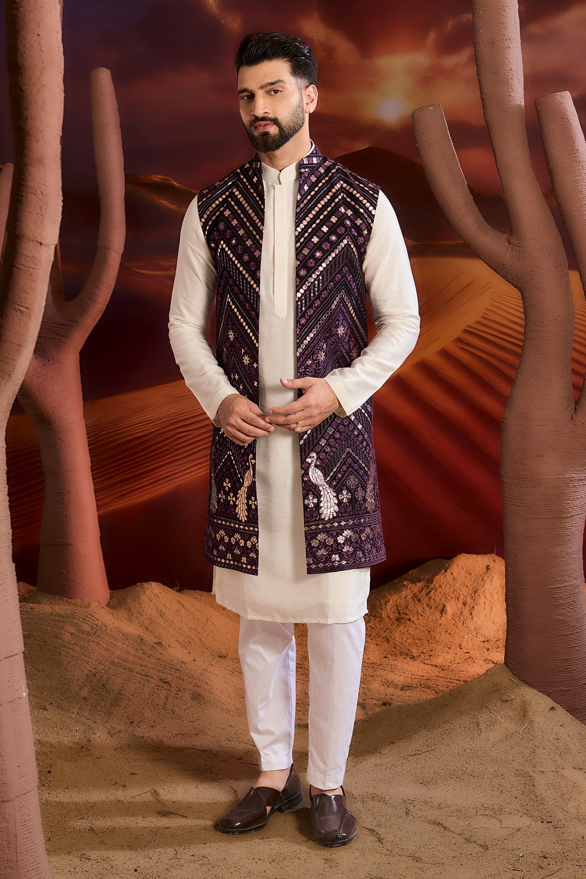 Purple Long Open Shrug With Intrcate Leather Patchwork