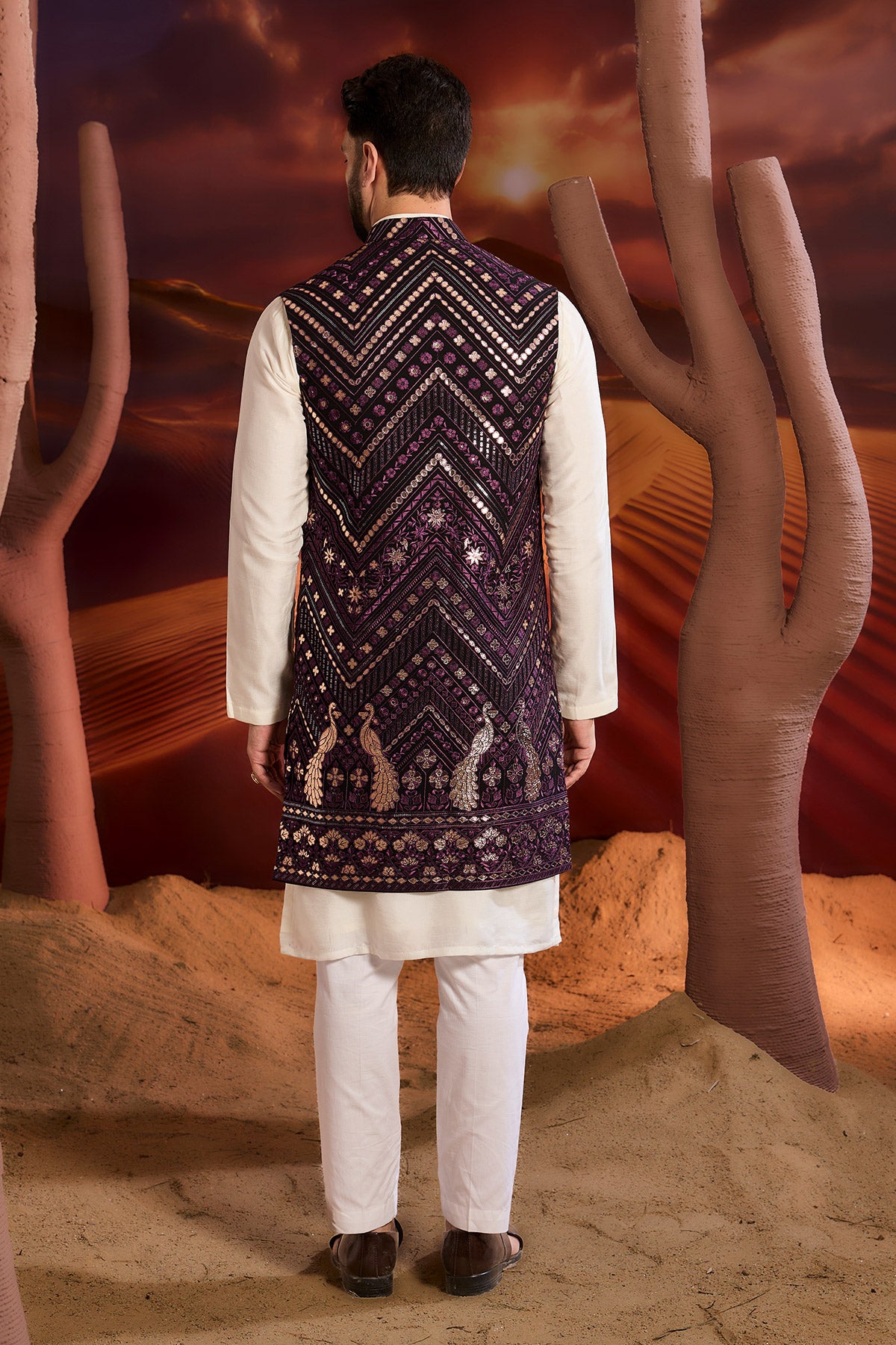 Purple Long Open Shrug With Intrcate Leather Patchwork