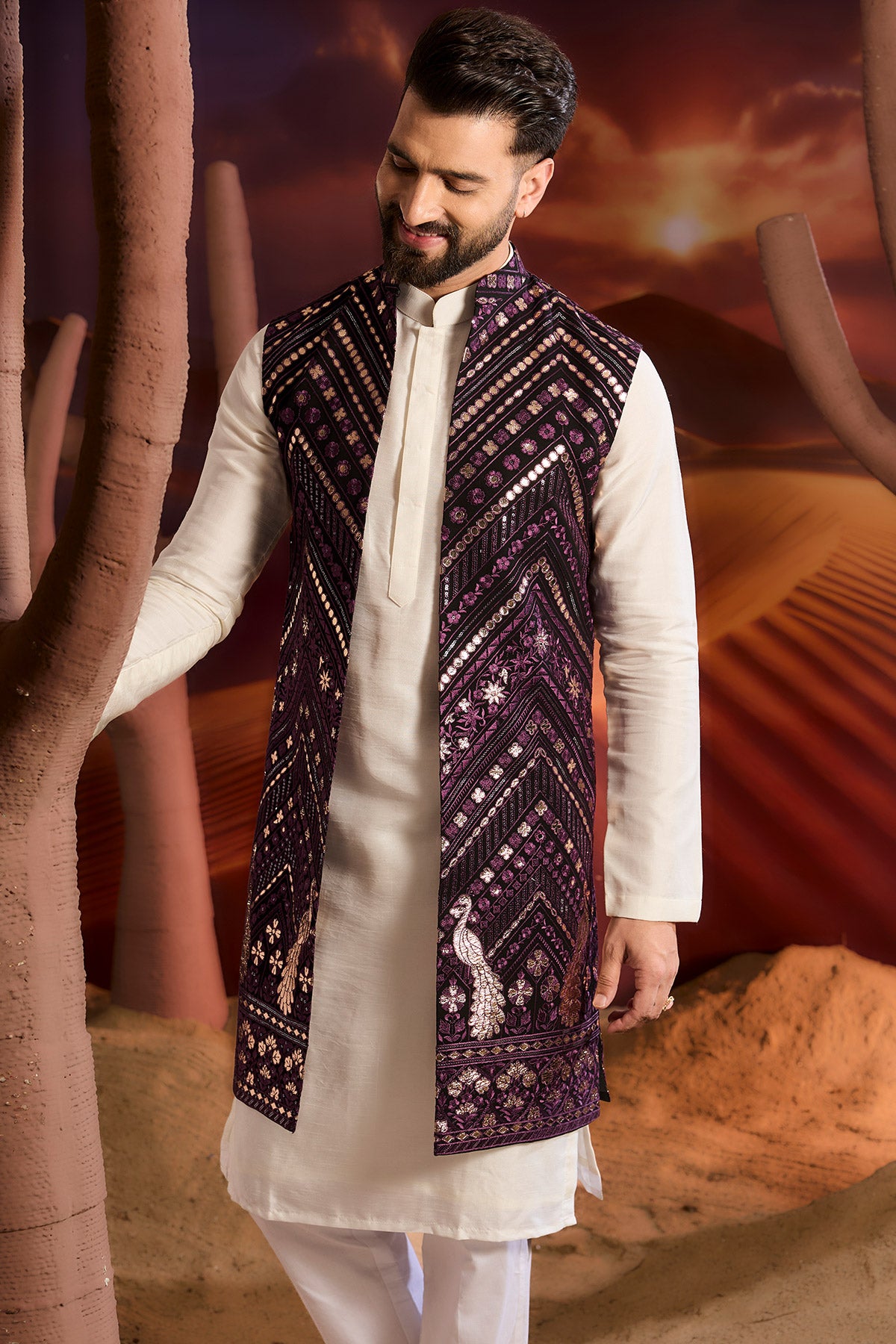Purple Long Open Shrug With Intrcate Leather Patchwork