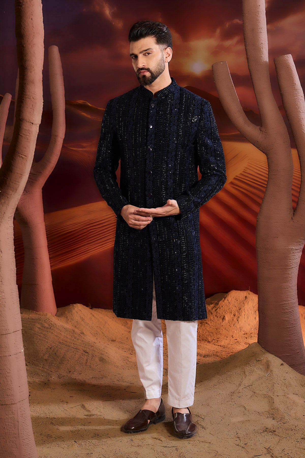 Navy Blue Sherwani With Detailed Cut Dana