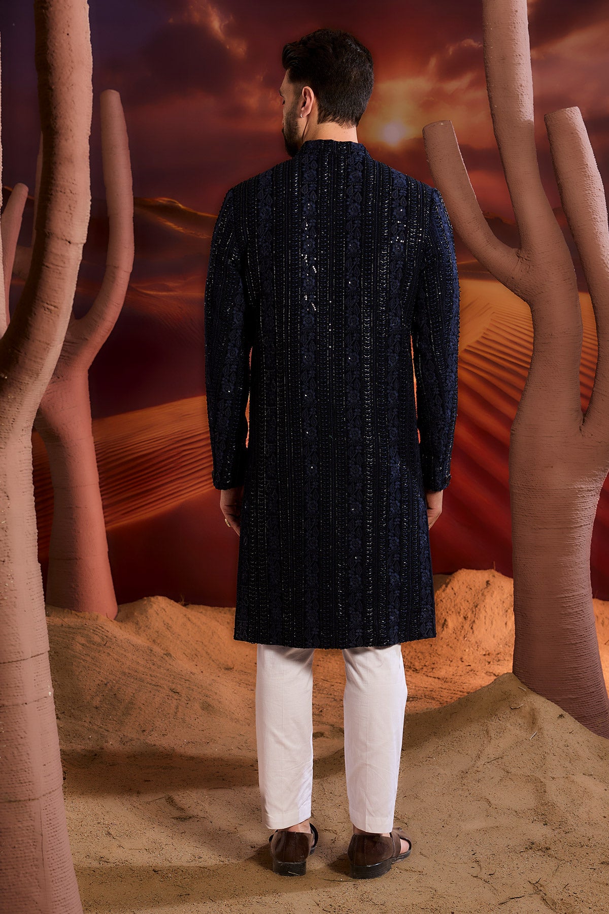 Navy Blue Sherwani With Detailed Cut Dana