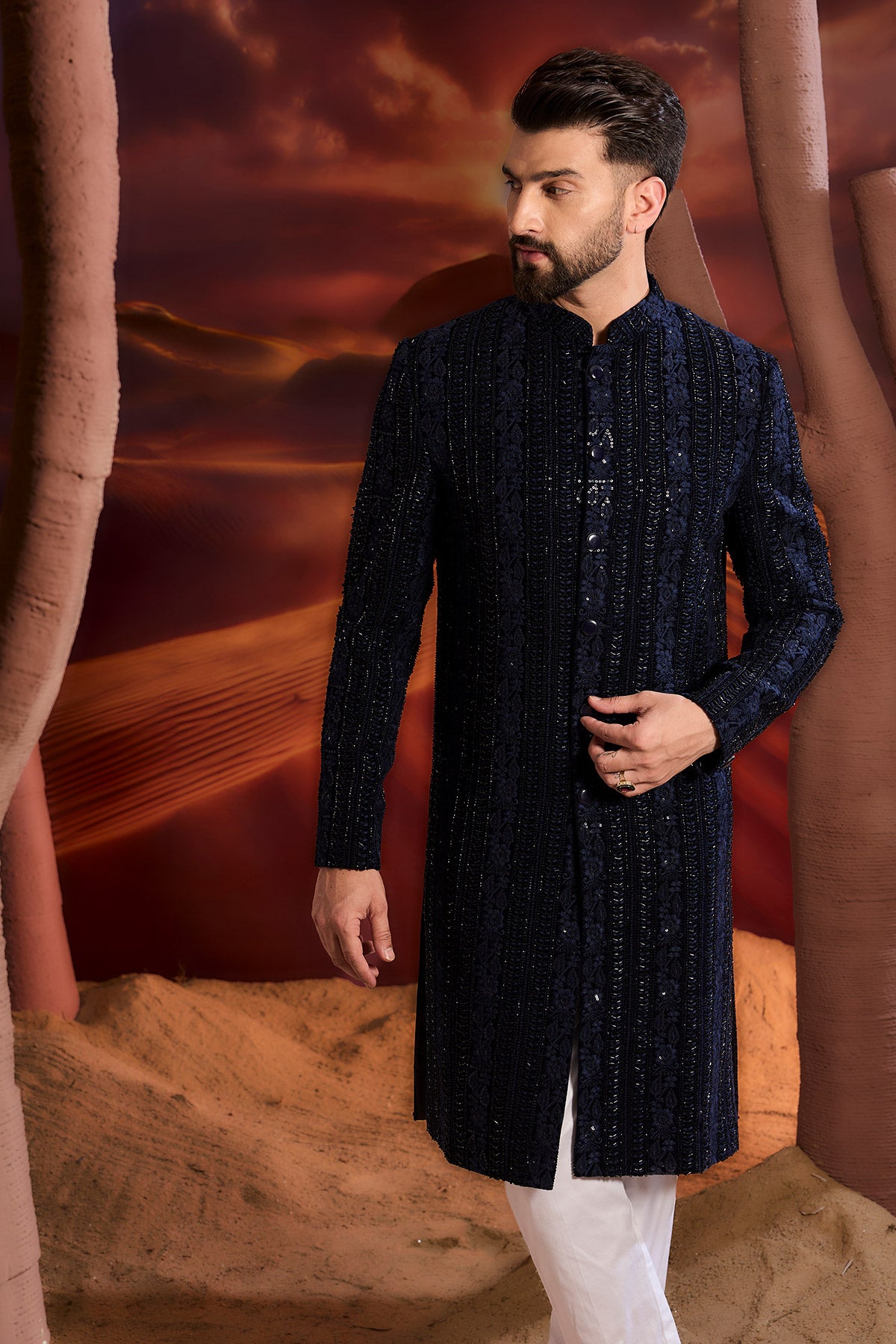 Navy Blue Sherwani With Detailed Cut Dana