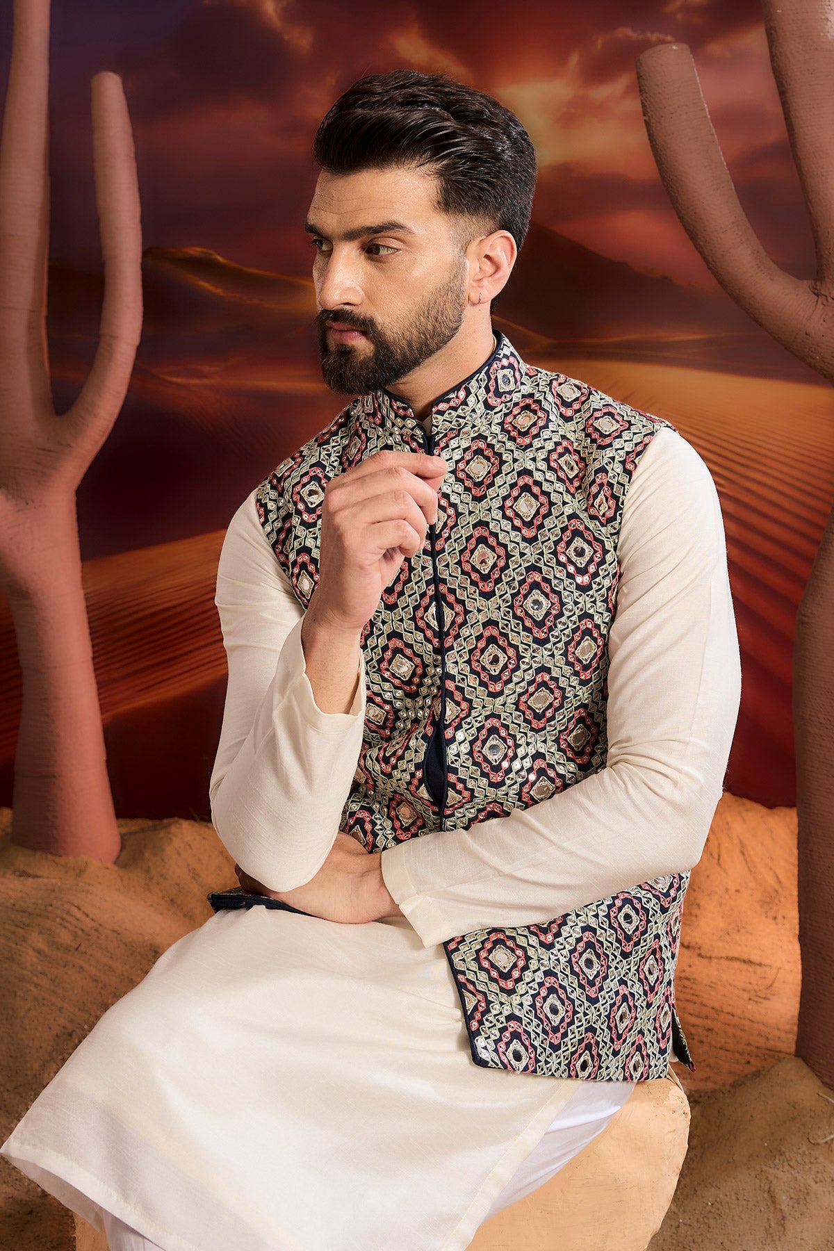 Navy Blue Short Jacket With Mirror Work