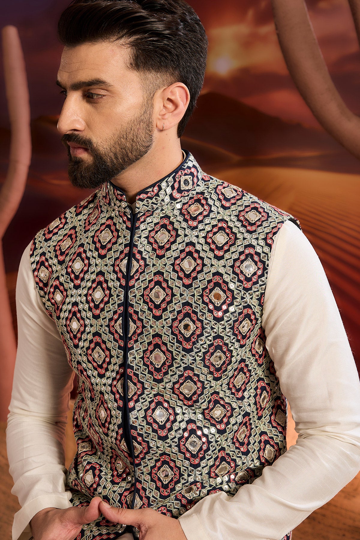 Navy Blue Short Jacket With Mirror Work