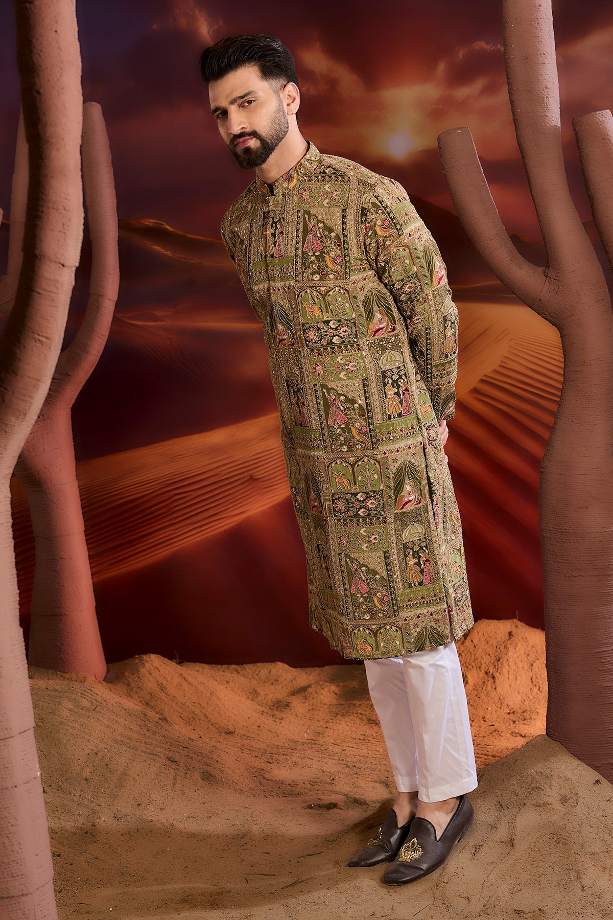 Green Mughal Zari Work Kurta