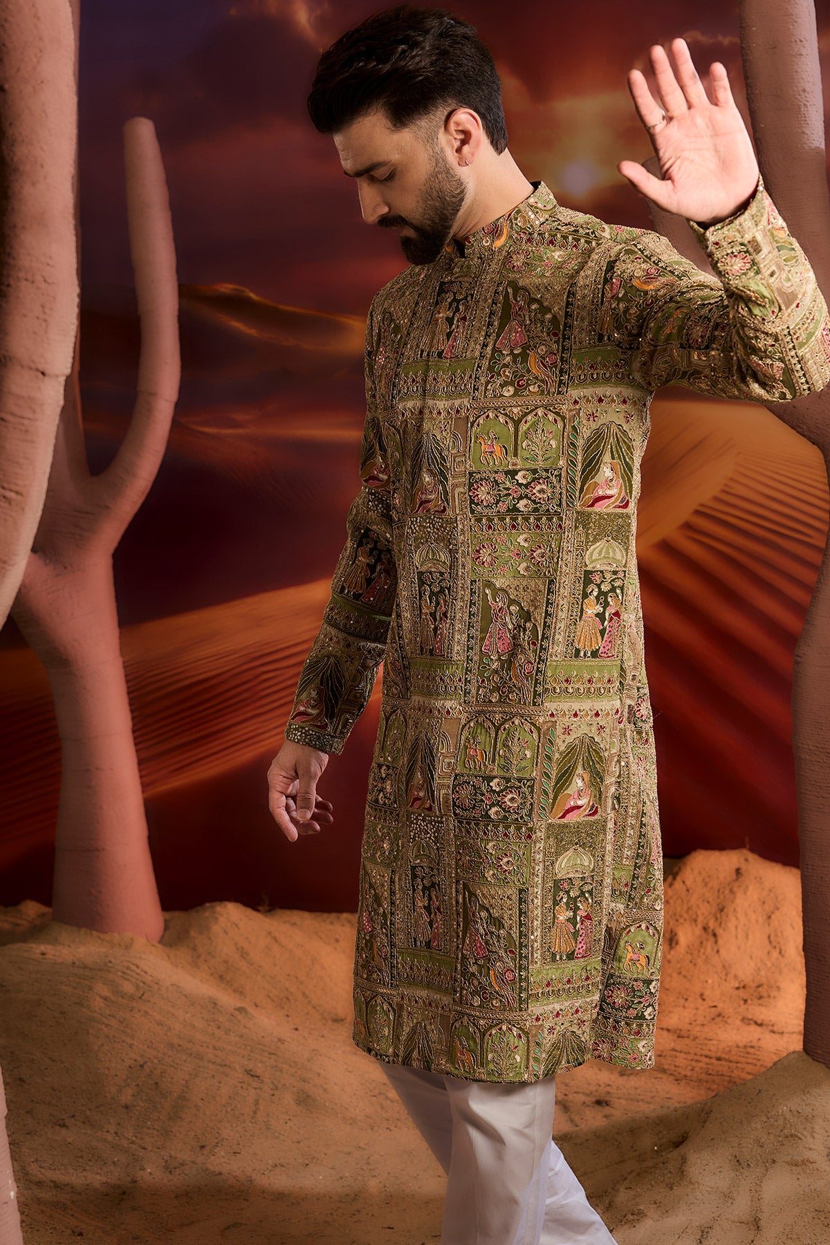 Green Mughal Zari Work Kurta