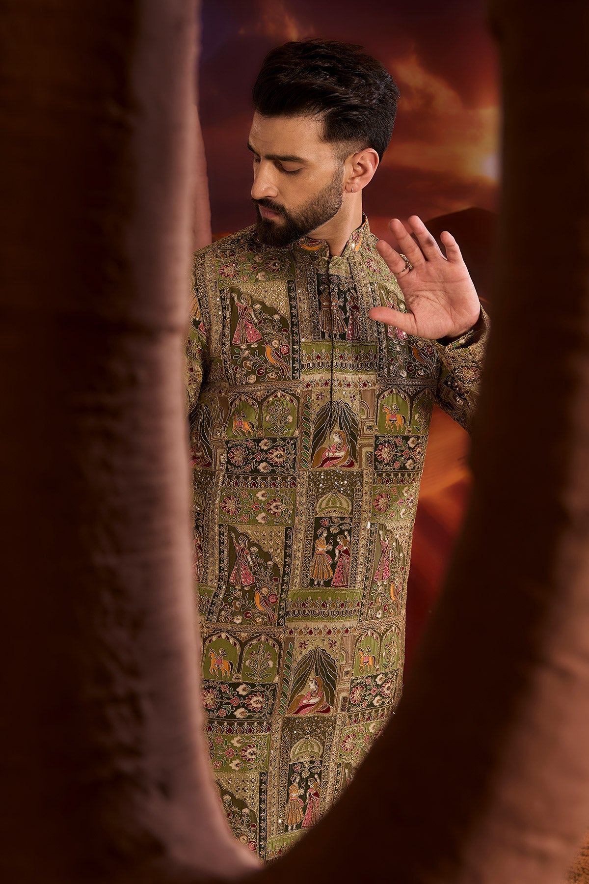 Green Mughal Zari Work Kurta