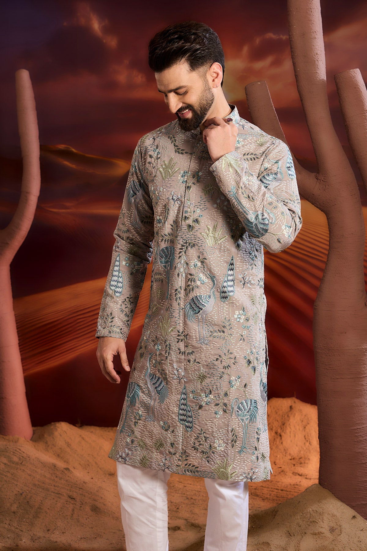Grey Thread Work Kurta With Flra And Fauna Figures