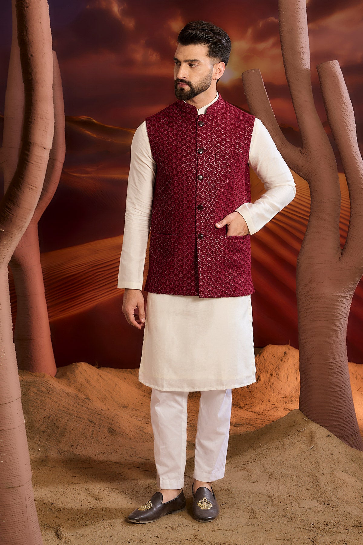 Maroon Chikakari Short Jacket