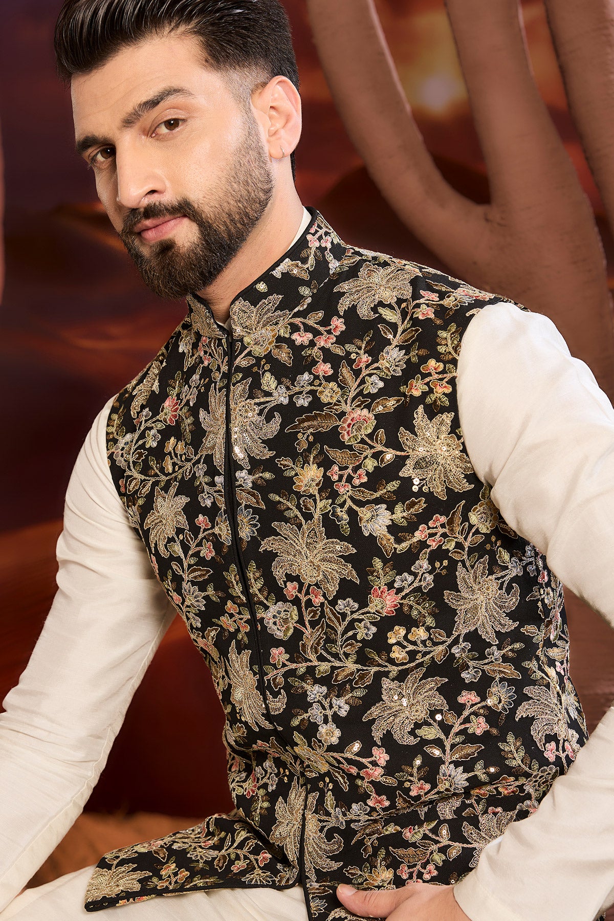 Black Sequined Short Jacket With Floral Setup