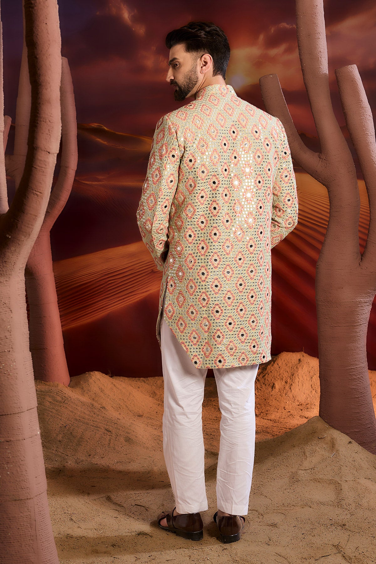 Cream Mirror Work Royal Cut Indowestern