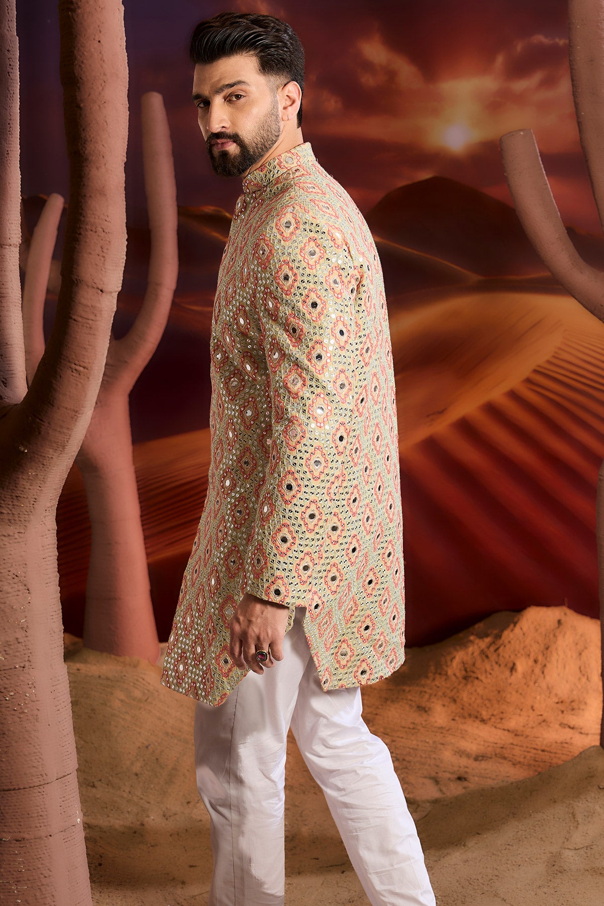 Cream Mirror Work Royal Cut Indowestern