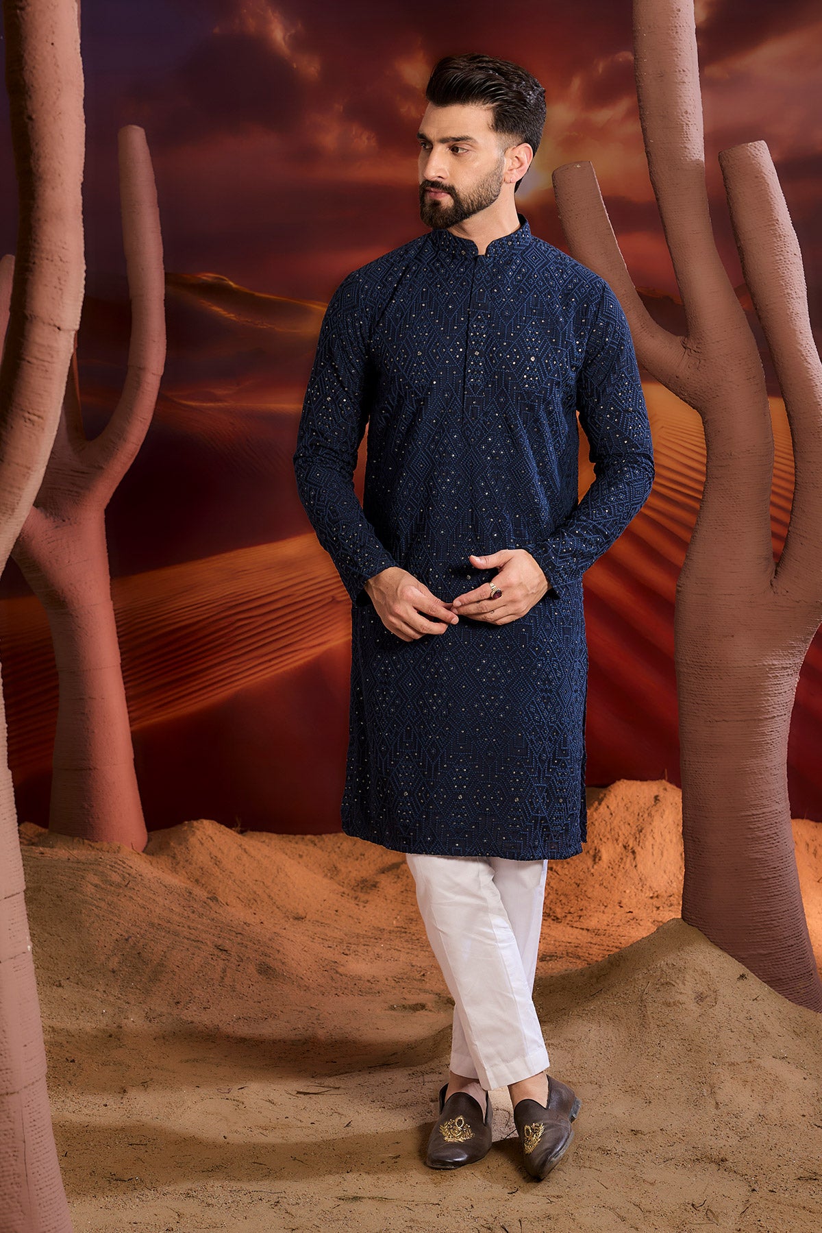 Navy Blue Geometrical Chikankari Kurta
