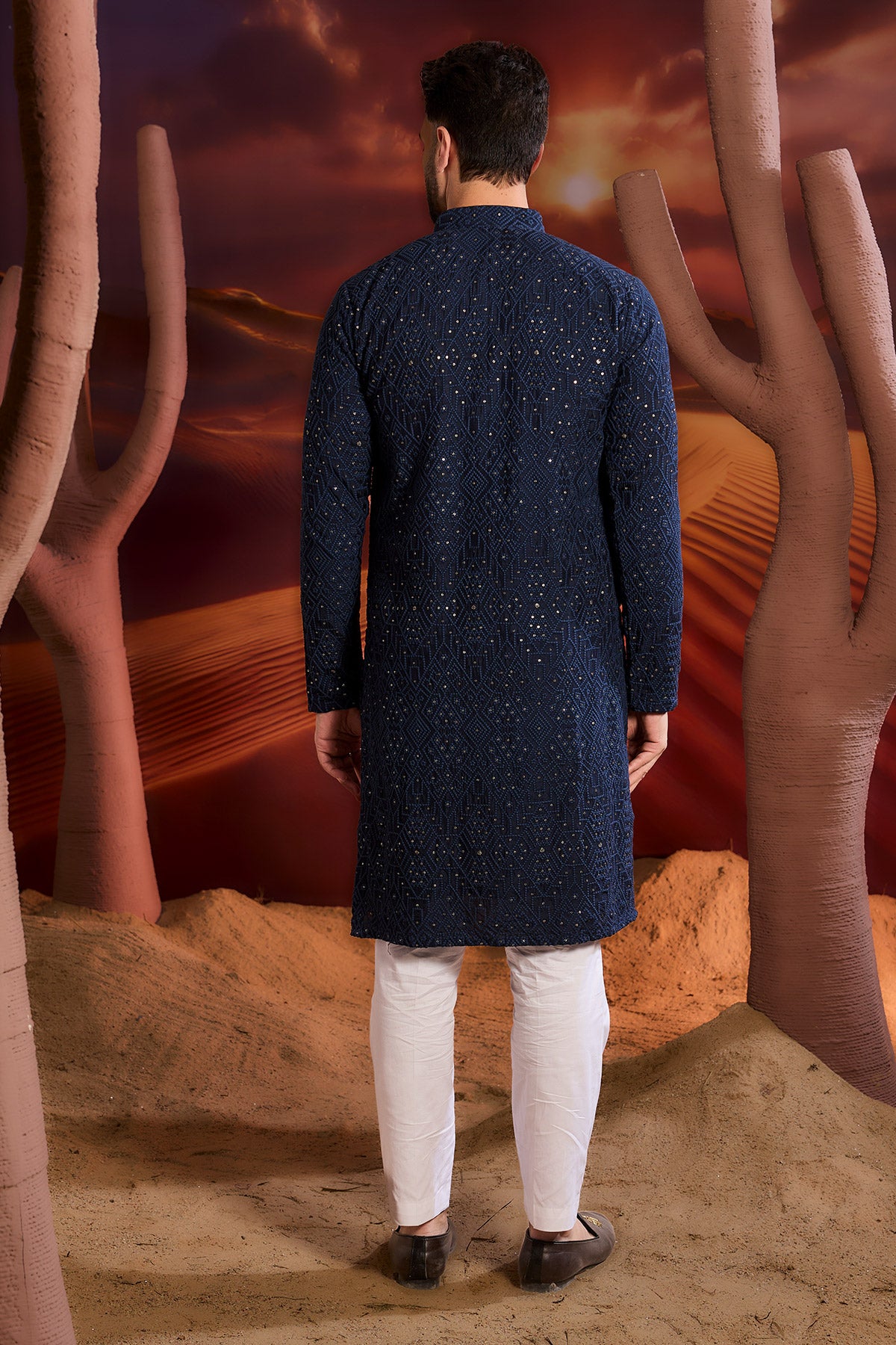 Navy Blue Geometrical Chikankari Kurta