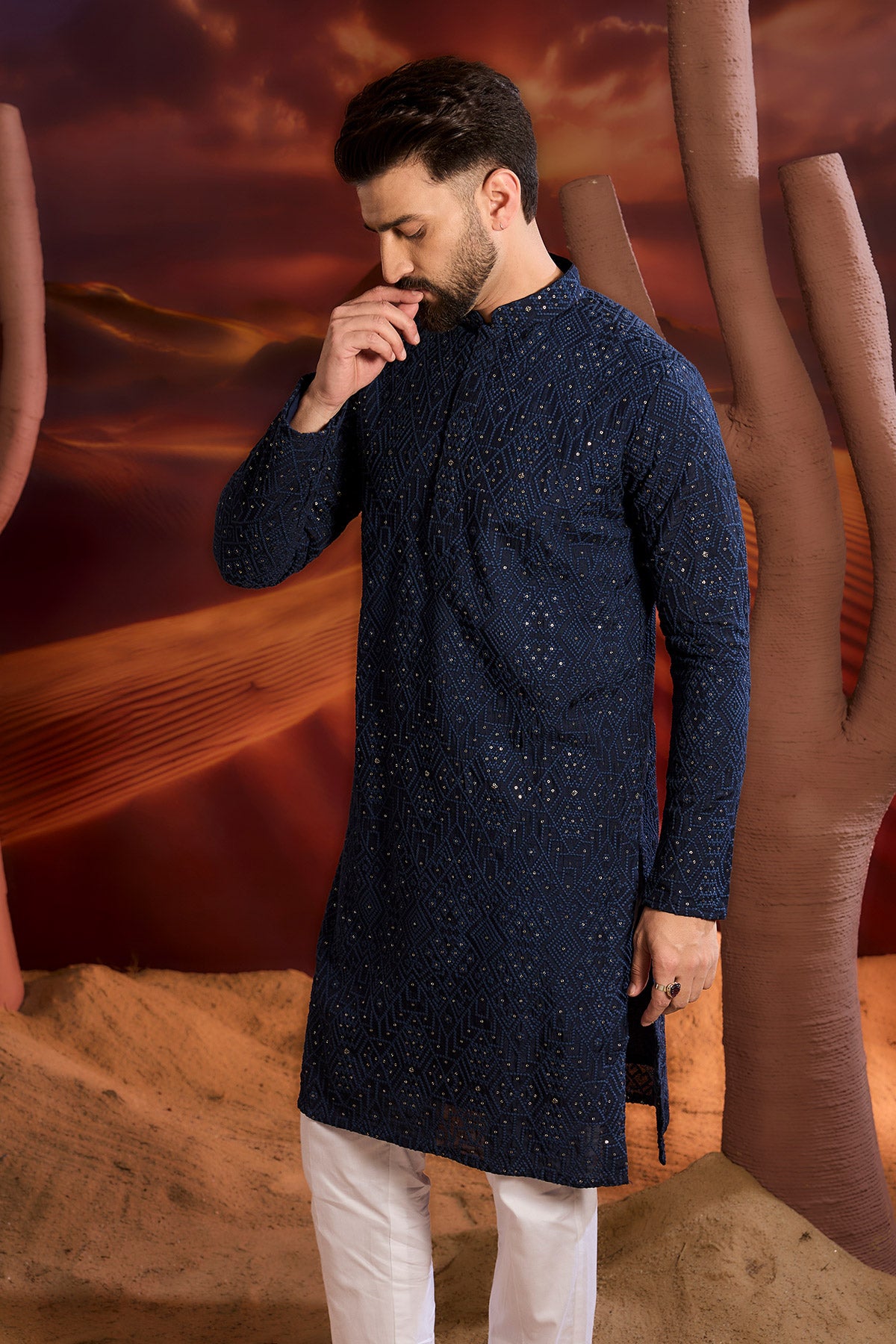 Navy Blue Geometrical Chikankari Kurta
