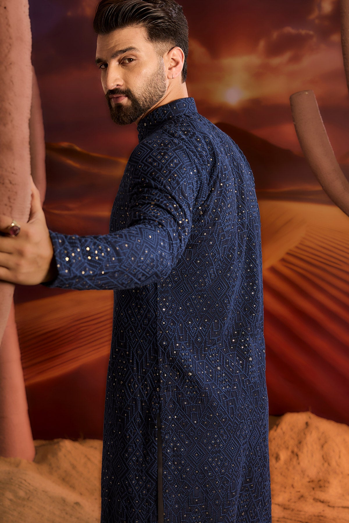 Navy Blue Geometrical Chikankari Kurta