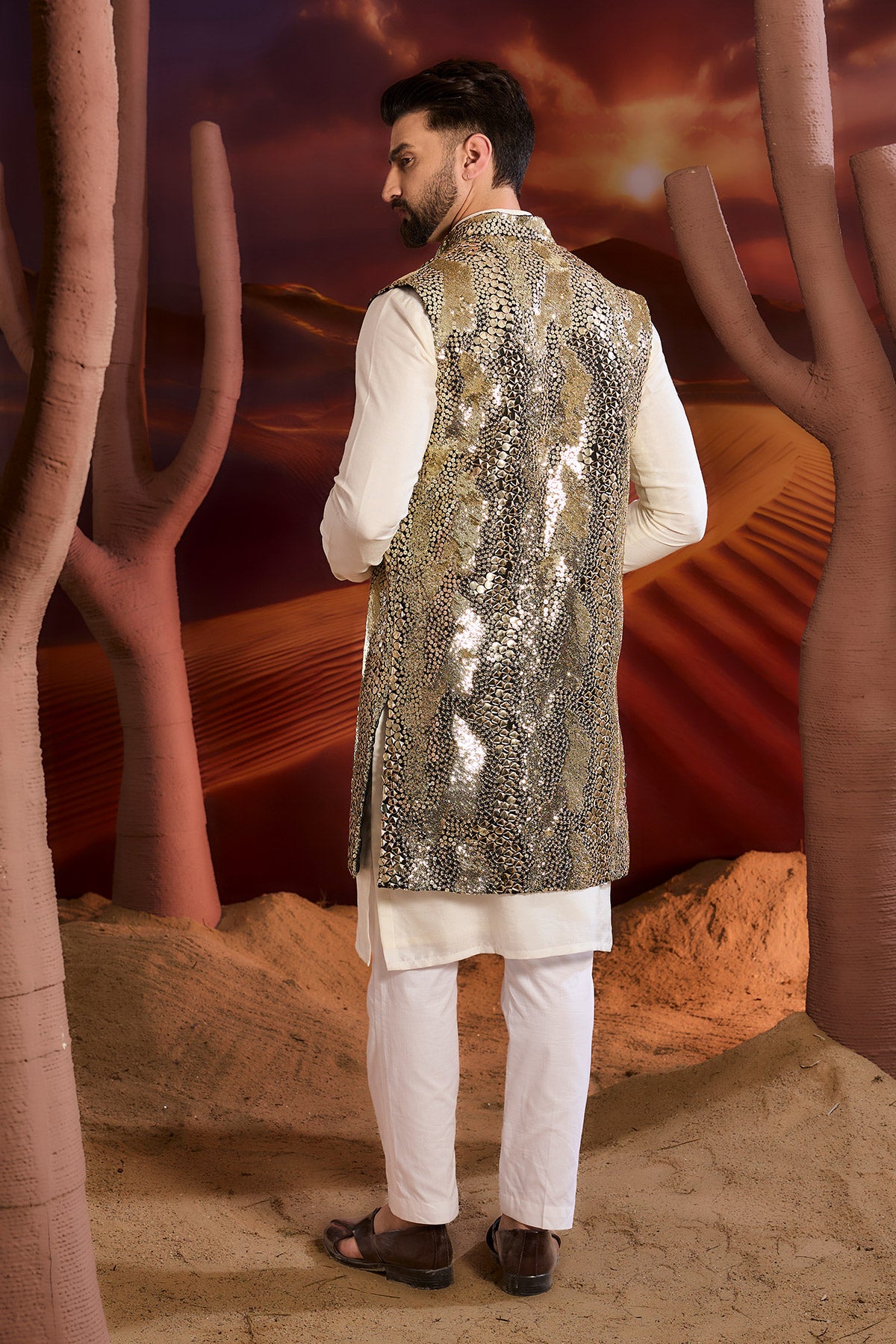 Black Full Sequined Long Open Shrug With A Leather Look Detailing