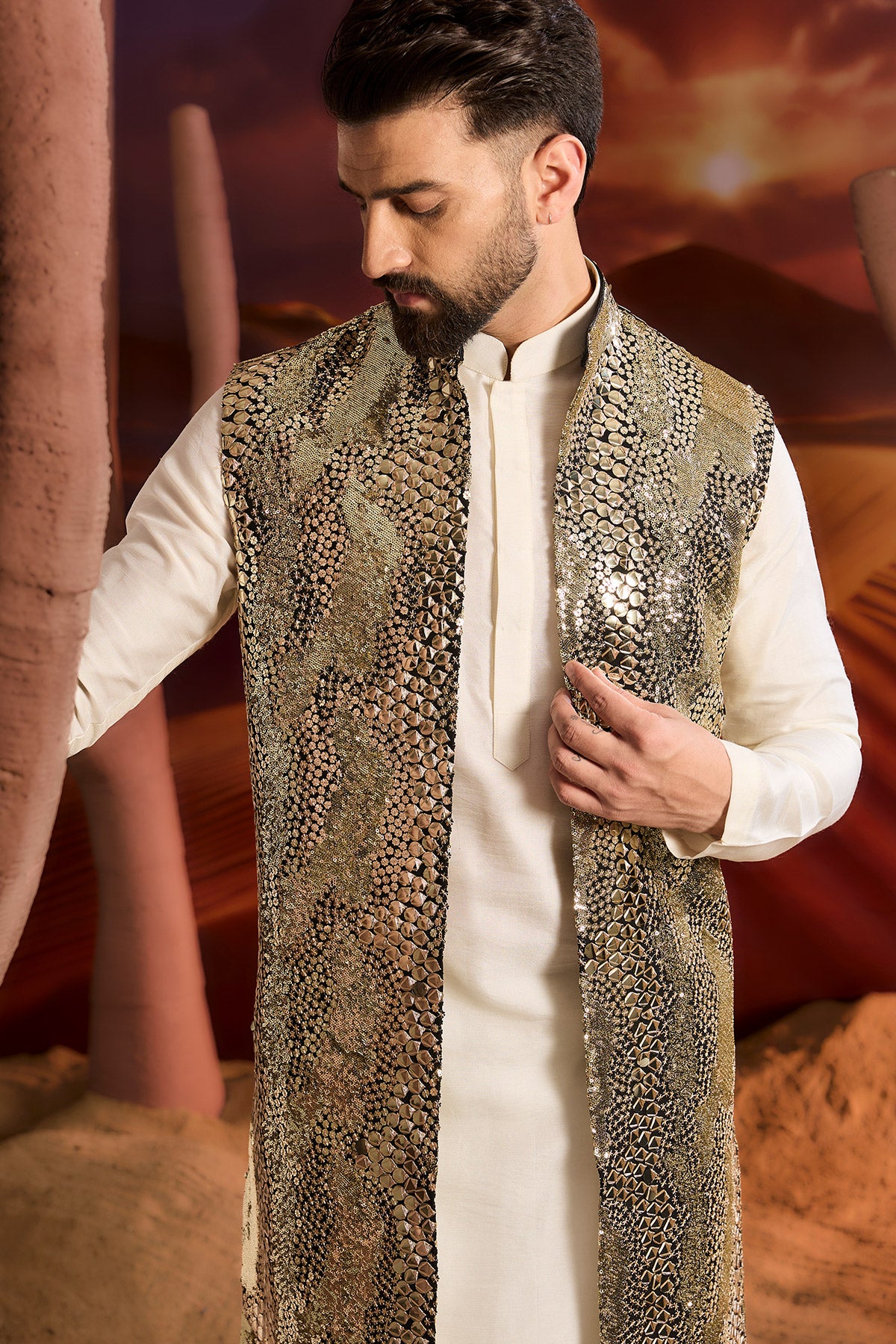 Black Full Sequined Long Open Shrug With A Leather Look Detailing