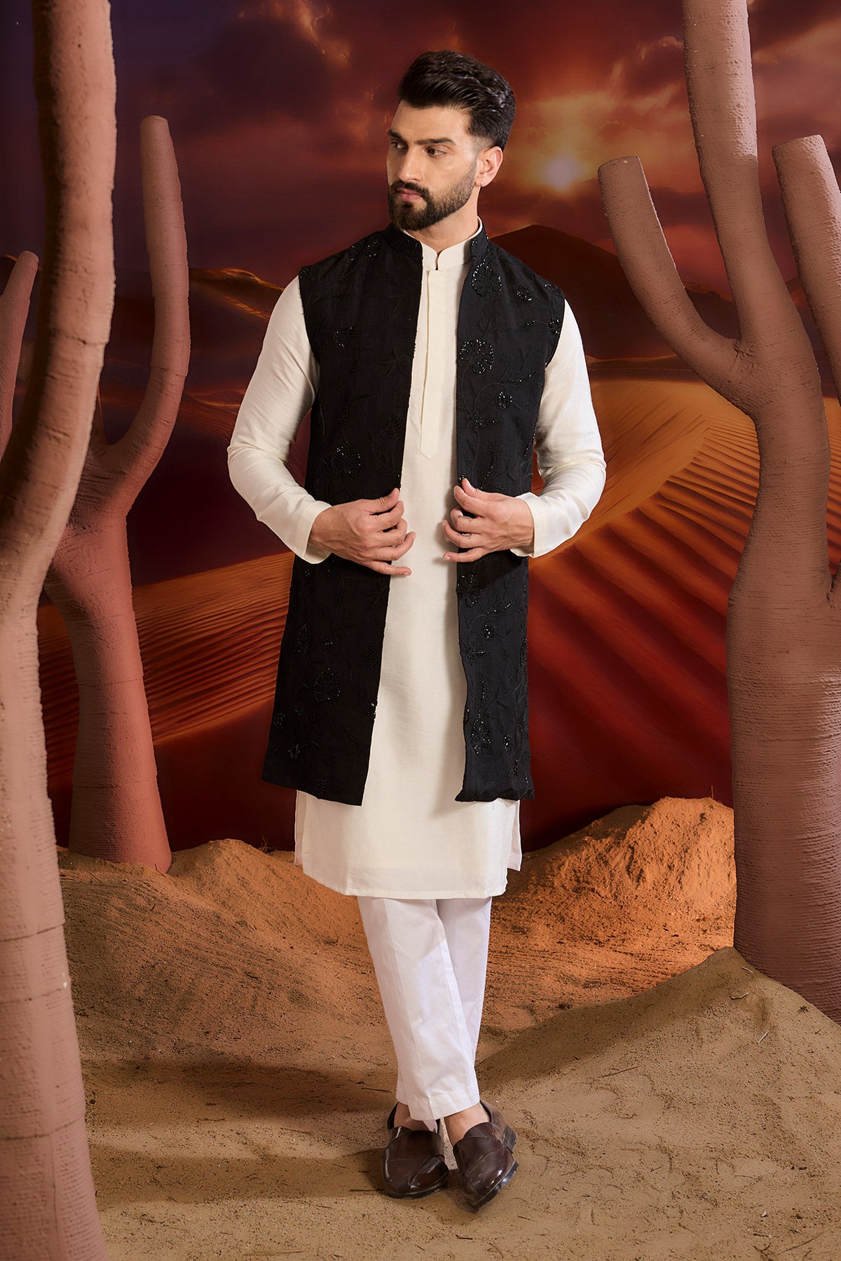 Black Flroal Long Open Shrug With Intricate Cut Dana Work