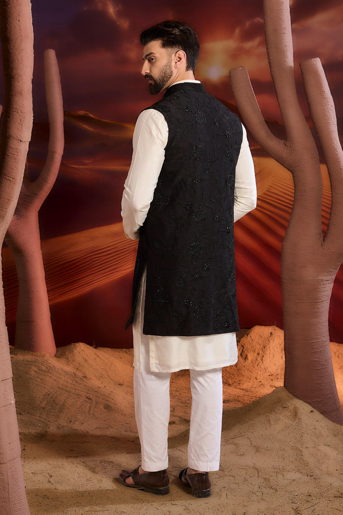 Black Flroal Long Open Shrug With Intricate Cut Dana Work